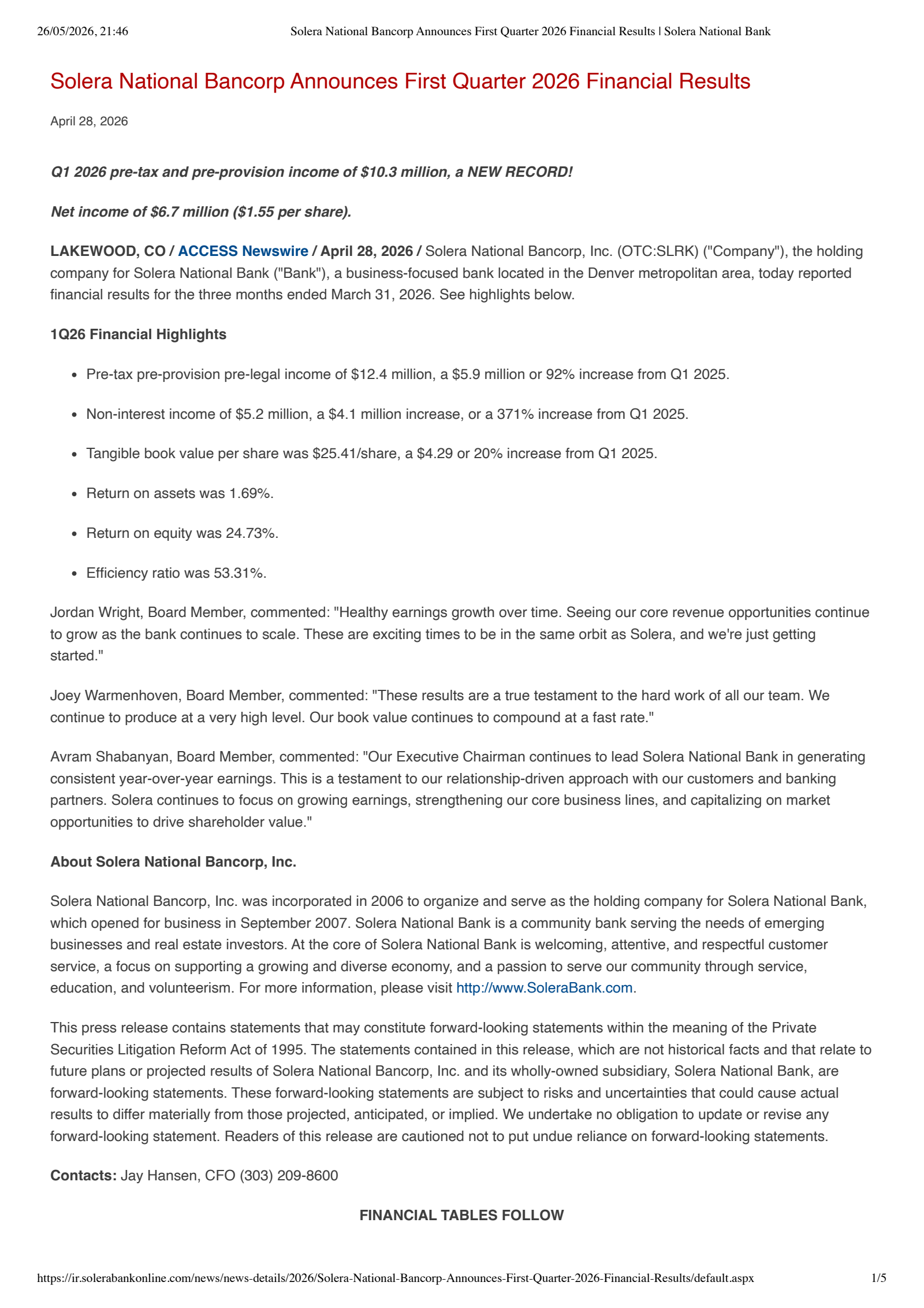 Solera National Bancorp's Q1 2026 Press Release