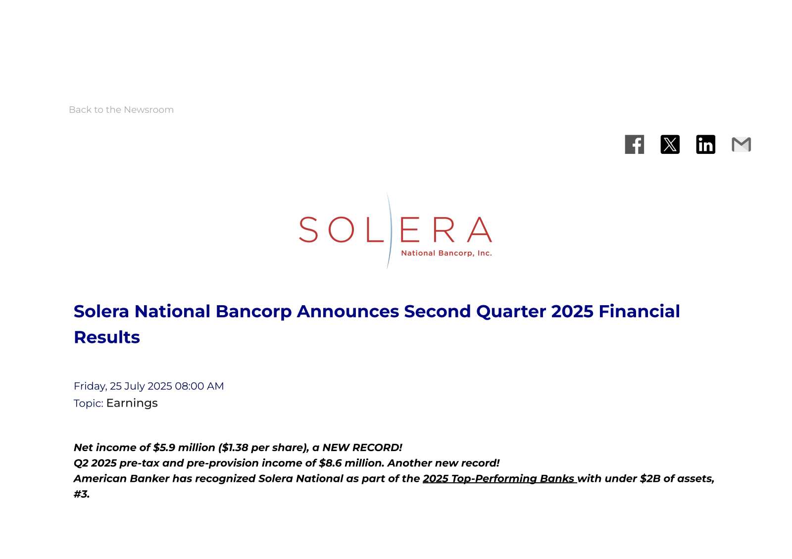 Solera National Bancorp's Q2 2025 Press Release