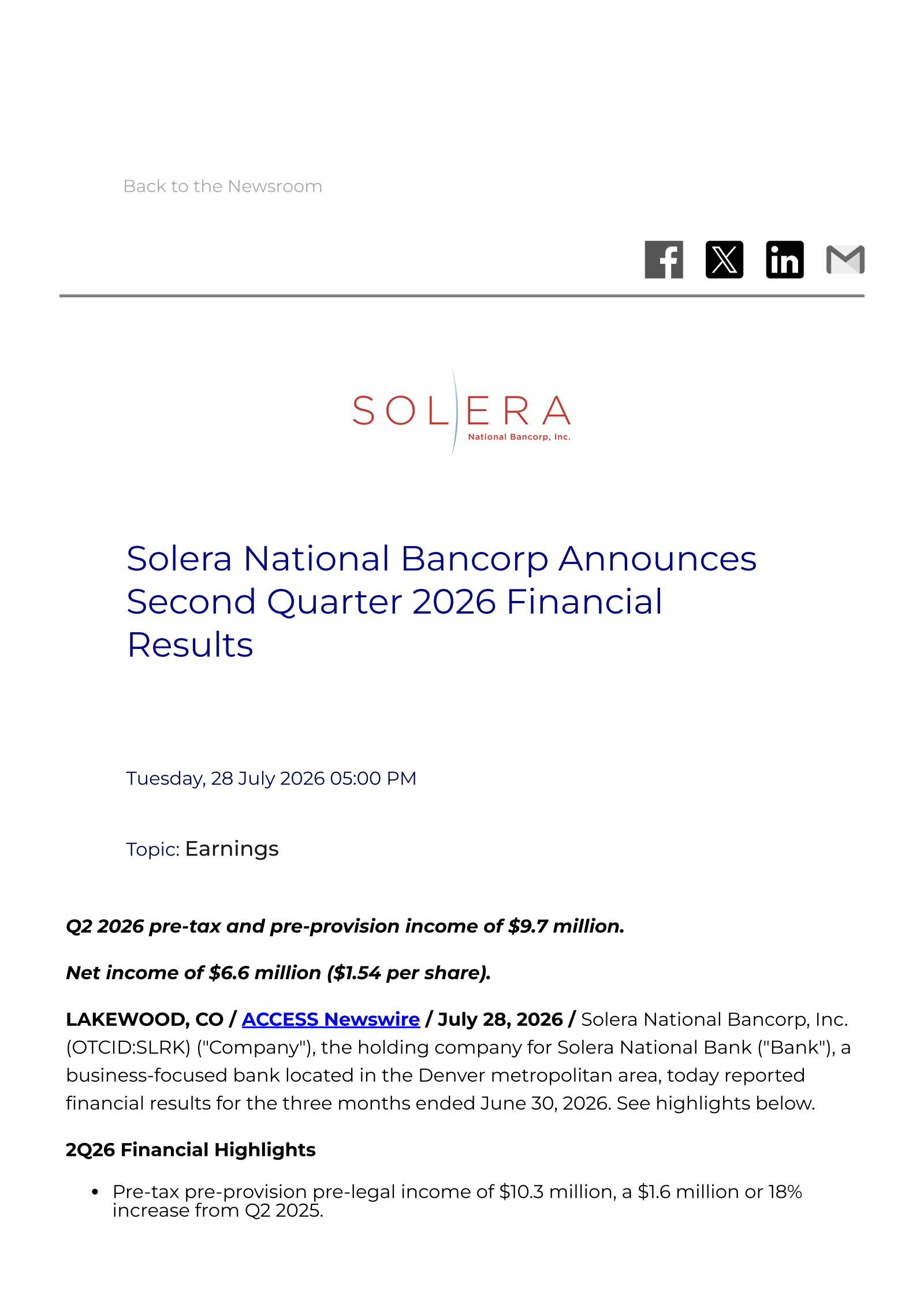 Solera National Bancorp's Q2 2026 Press Release