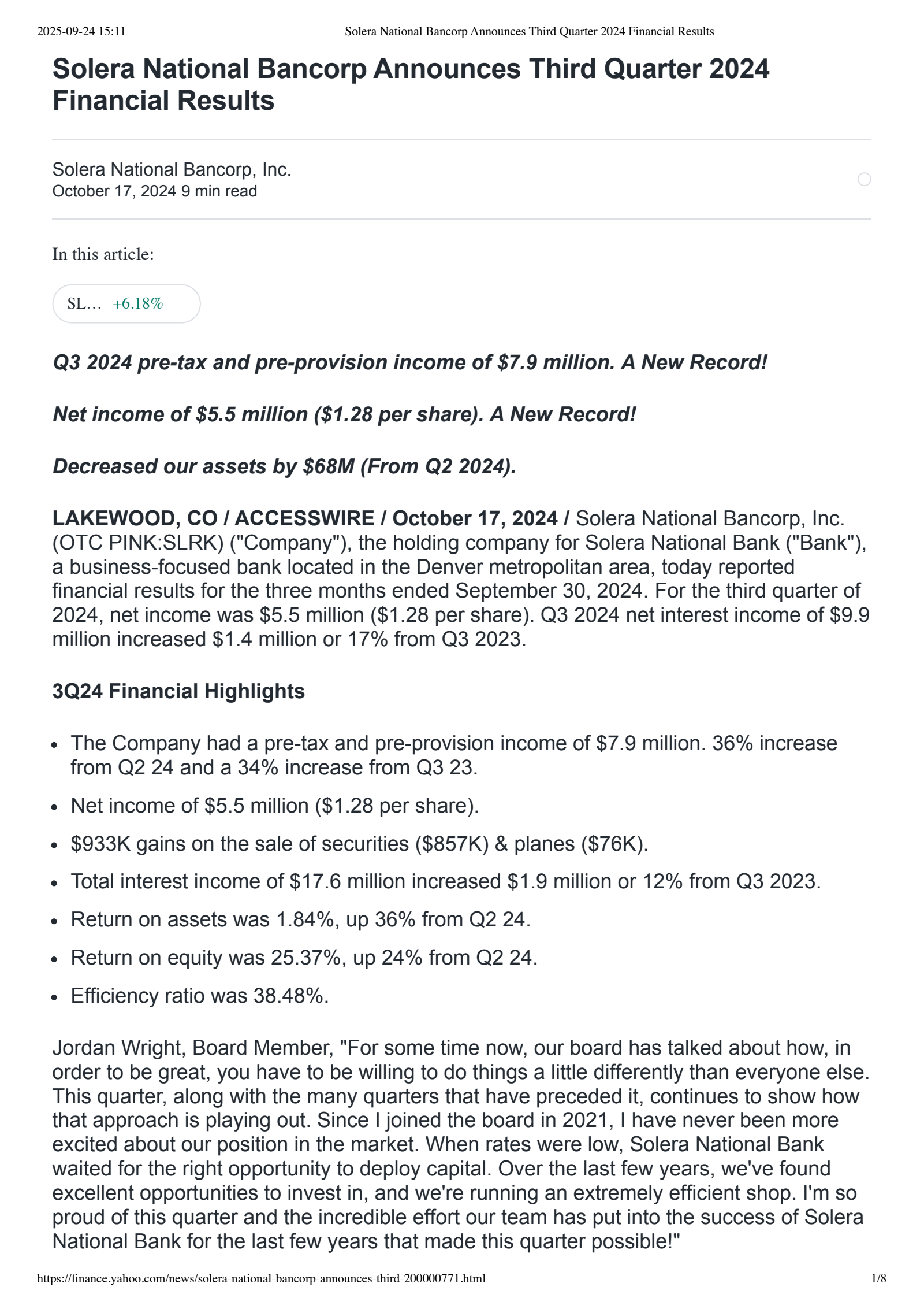 Solera National Bancorp's Q3 2024 Earnings Release