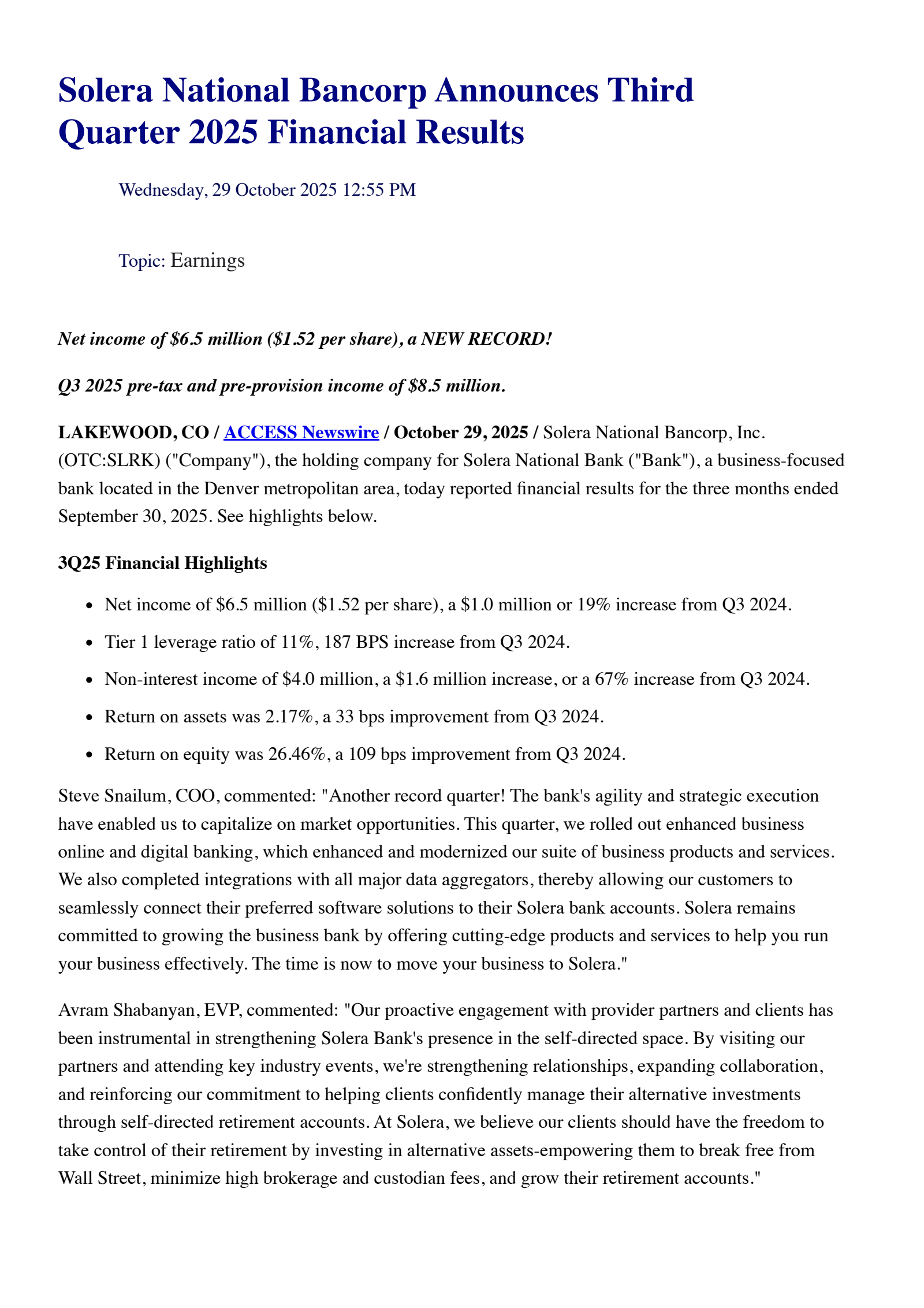 Solera National Bancorp's Q3 2025 Earnings Release