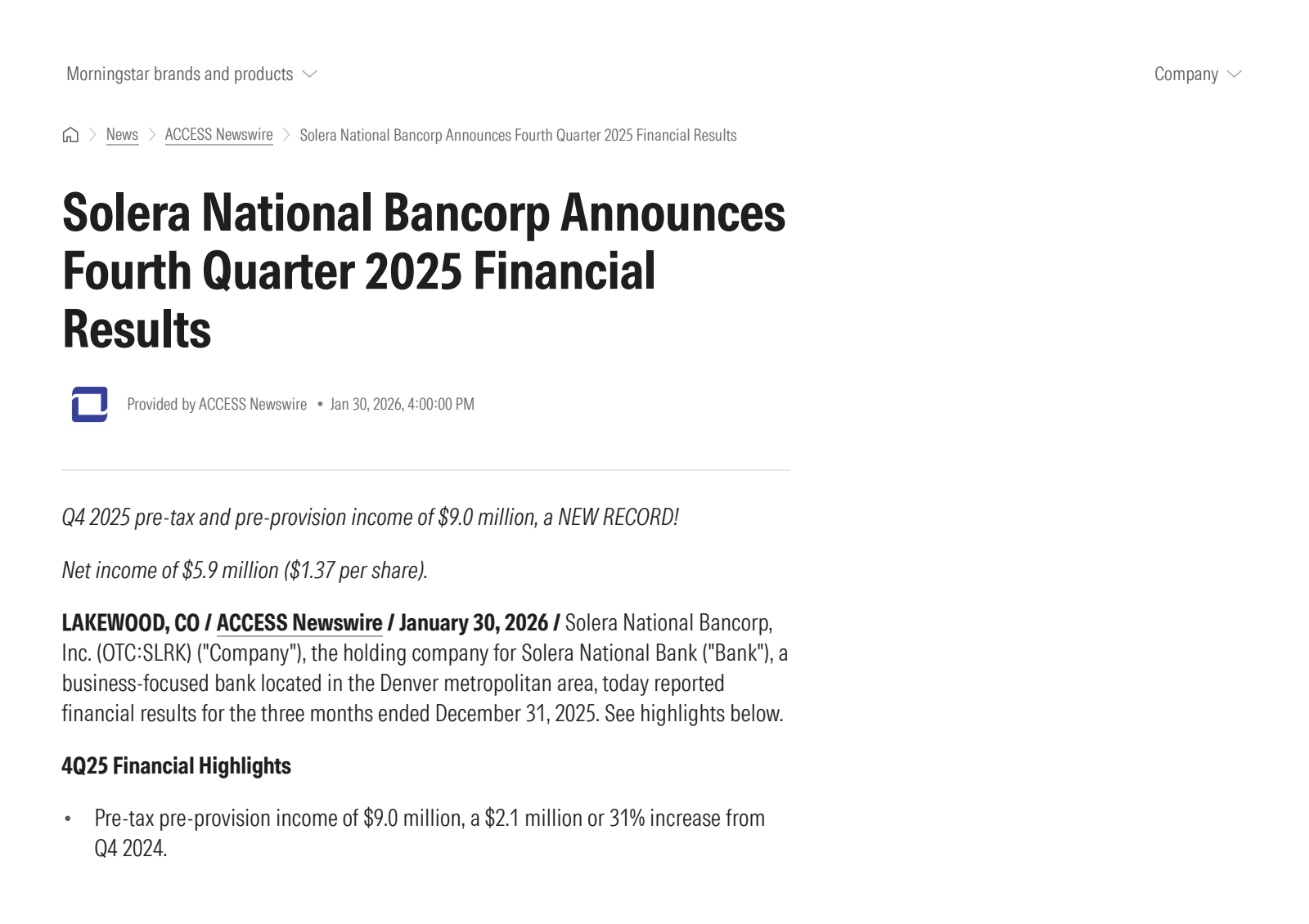 Solera National Bancorp's Q4 2025 Press Release