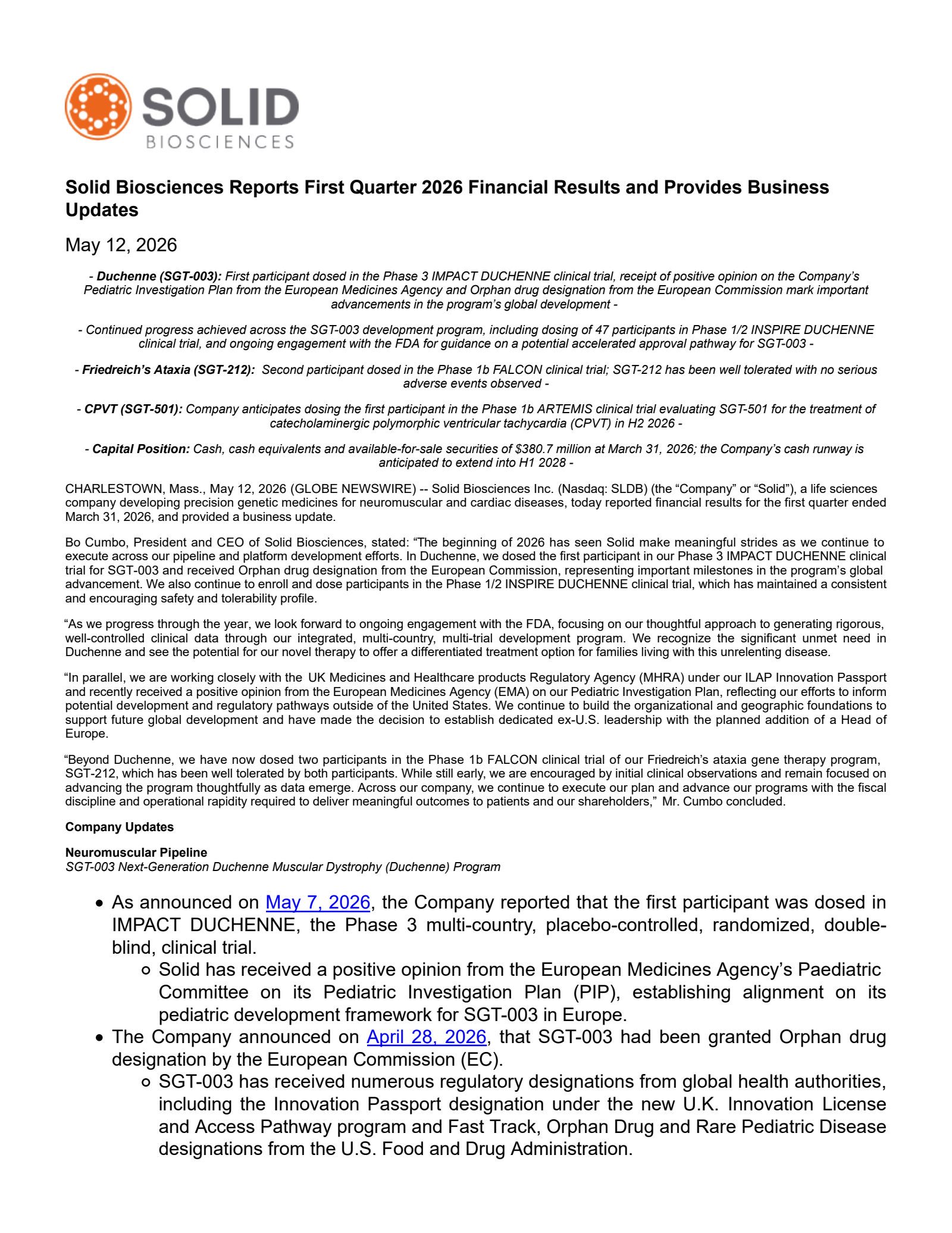 Solid Biosciences' Q1 2026 Press Release