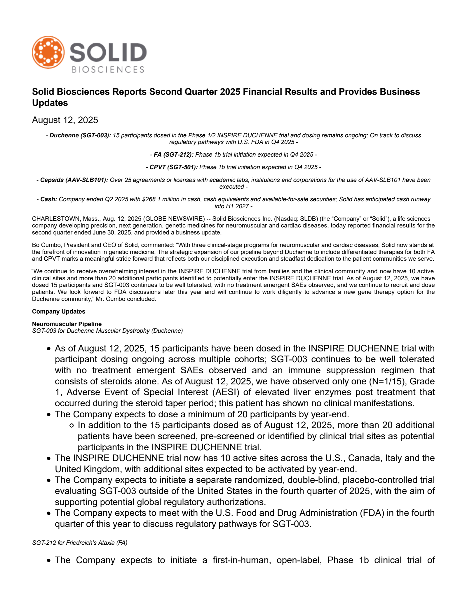 Solid Biosciences' Q2 2025 Press Release