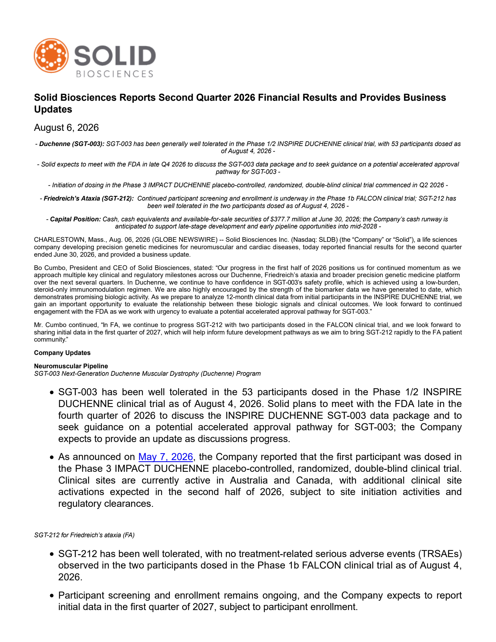 Solid Biosciences' Q2 2026 Press Release
