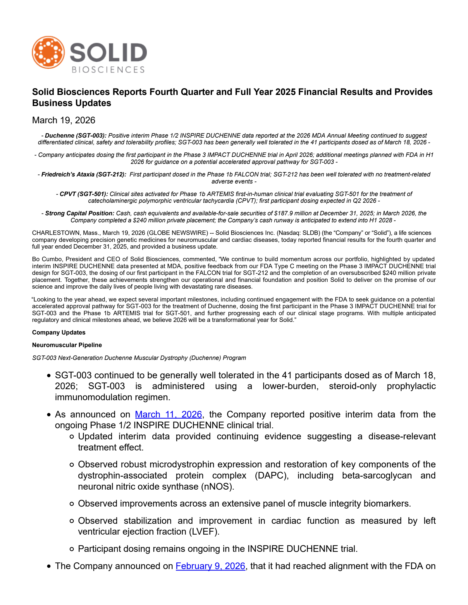 Solid Biosciences' Q4 2025 Press Release