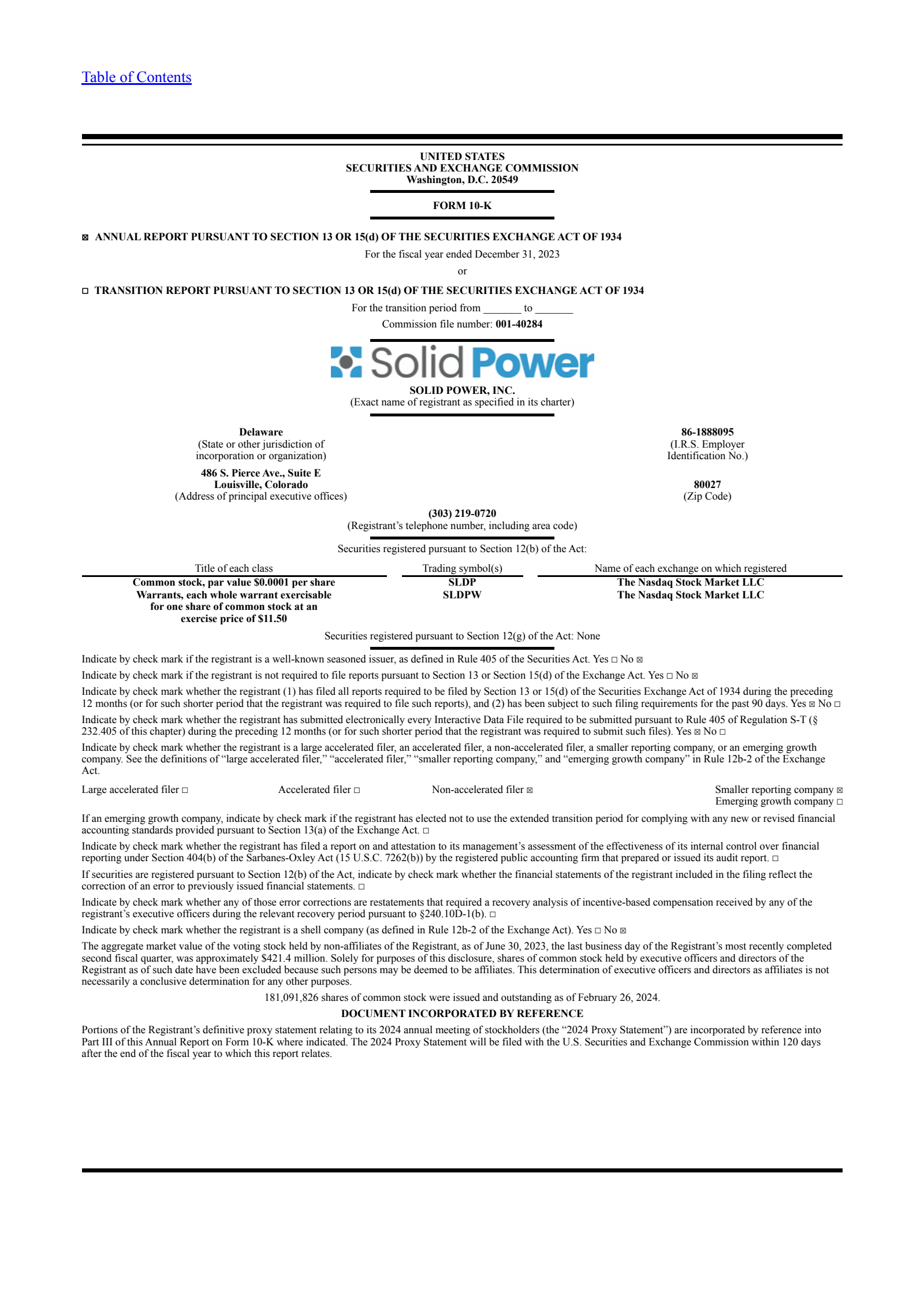 Solid Power's Q4 2023 Annual report