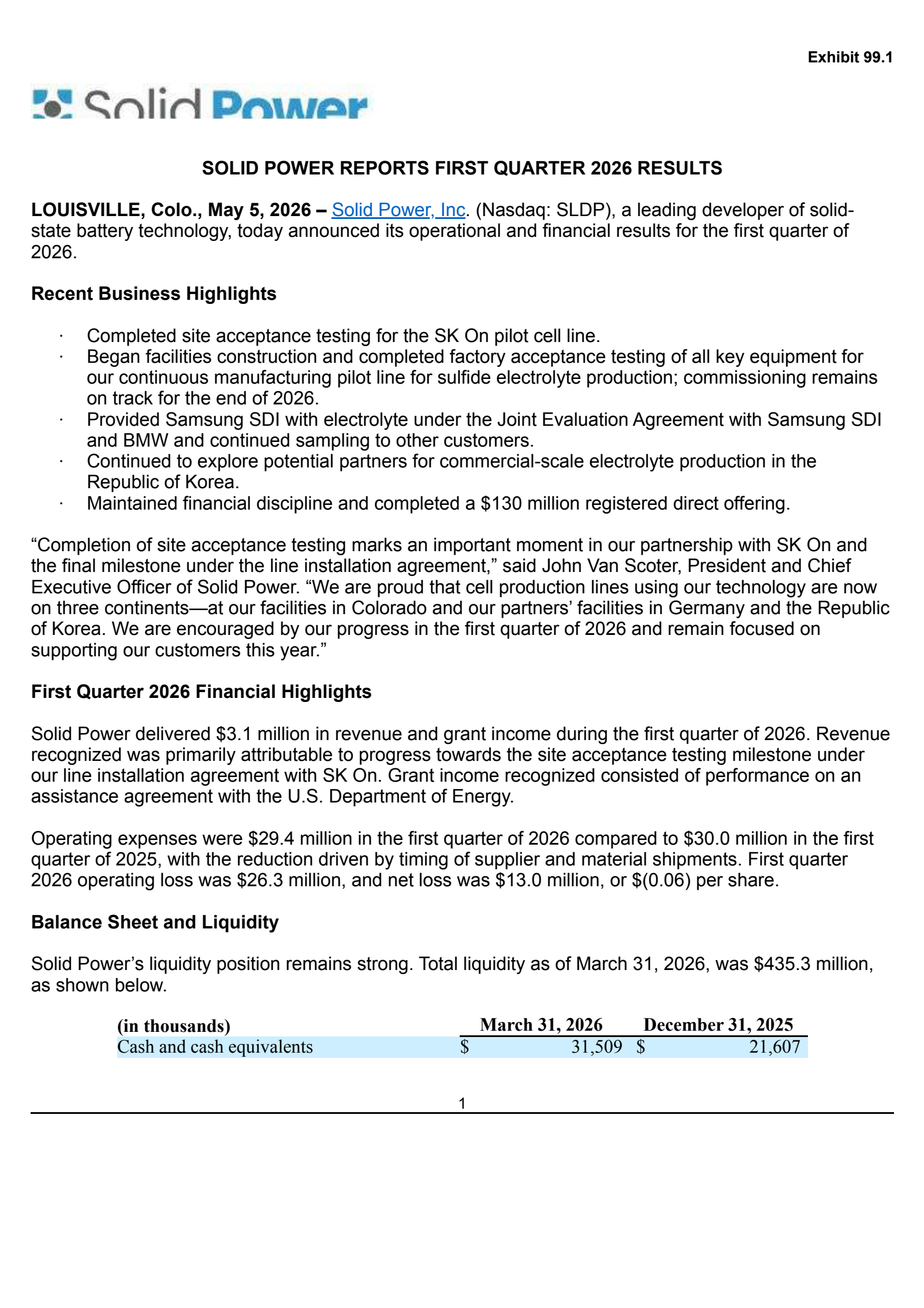 Solid Power's Q1 2026 Press Release