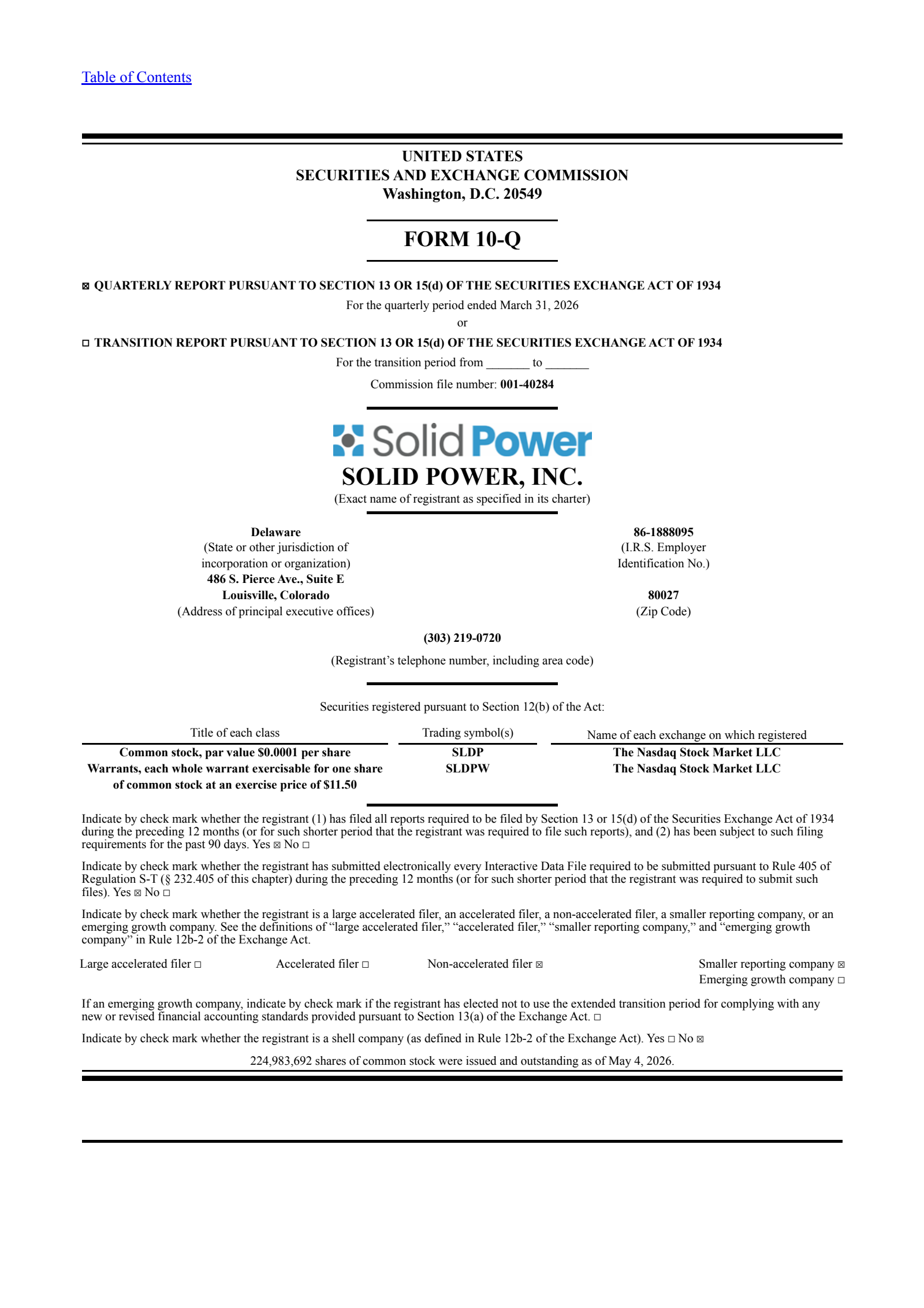 Solid Power's Q1 2026 Quarterly report