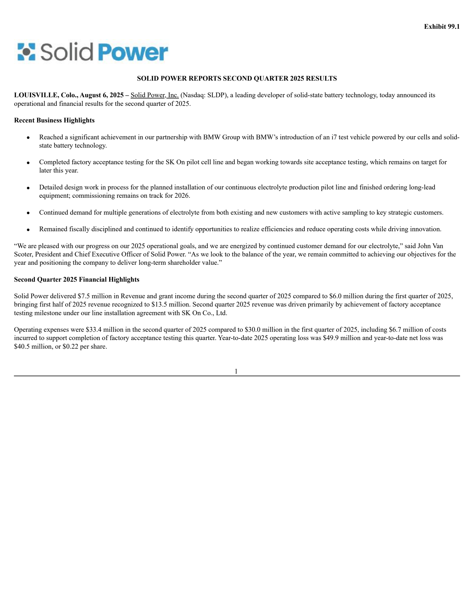 Solid Power's Q2 2025 Press Release
