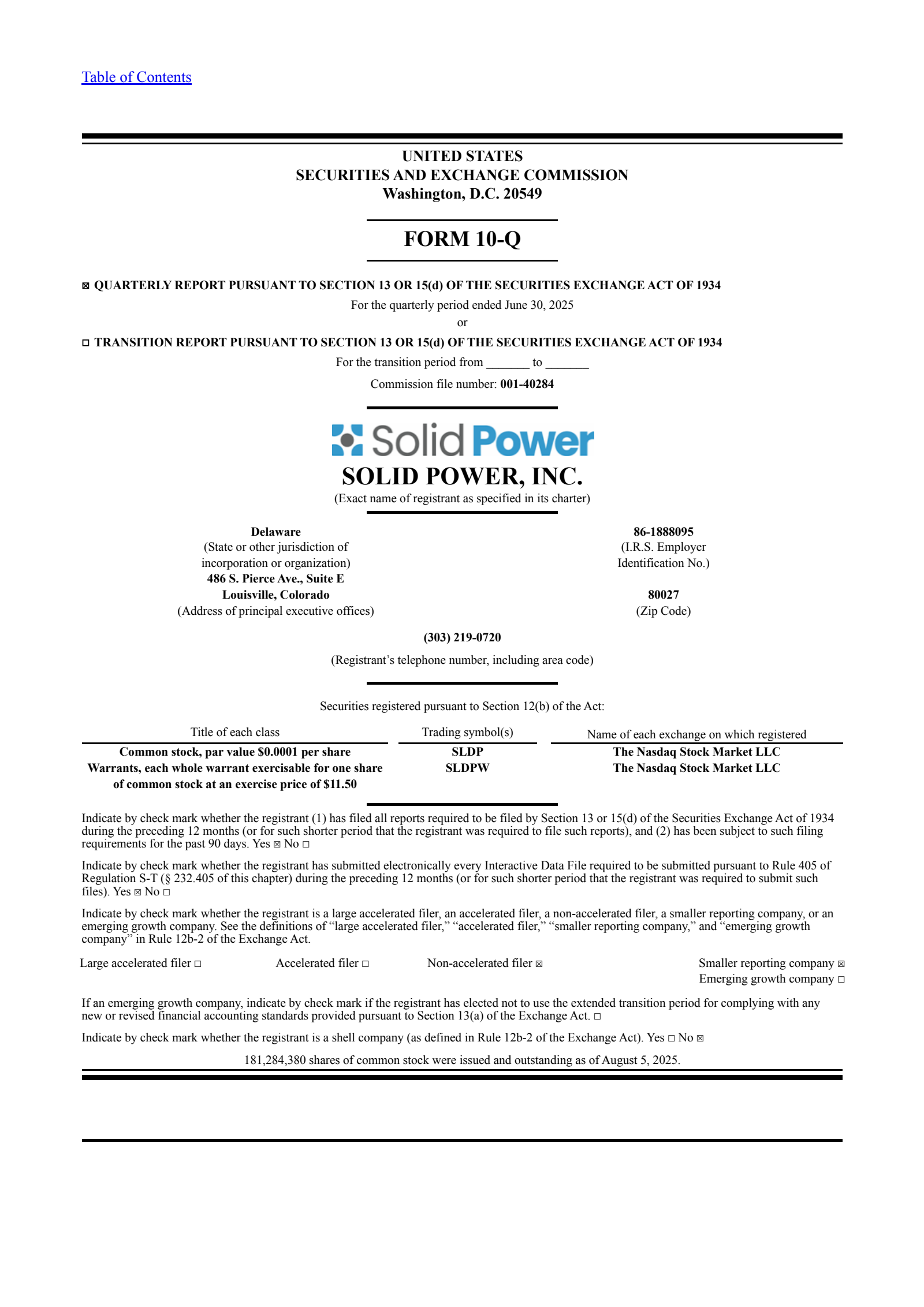 Solid Power's Q2 2025 Quarterly report