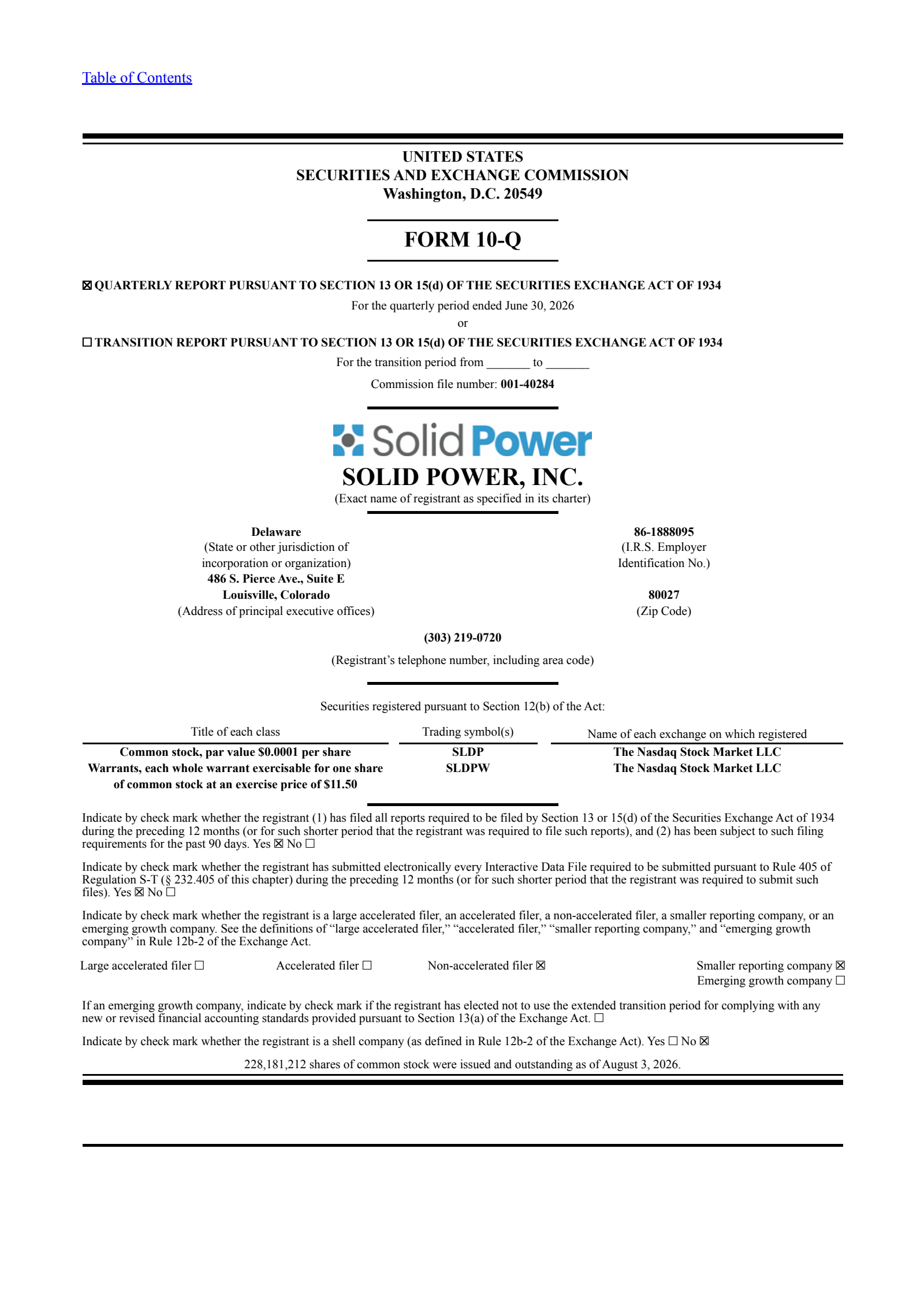 Solid Power's Q2 2026 Quarterly report