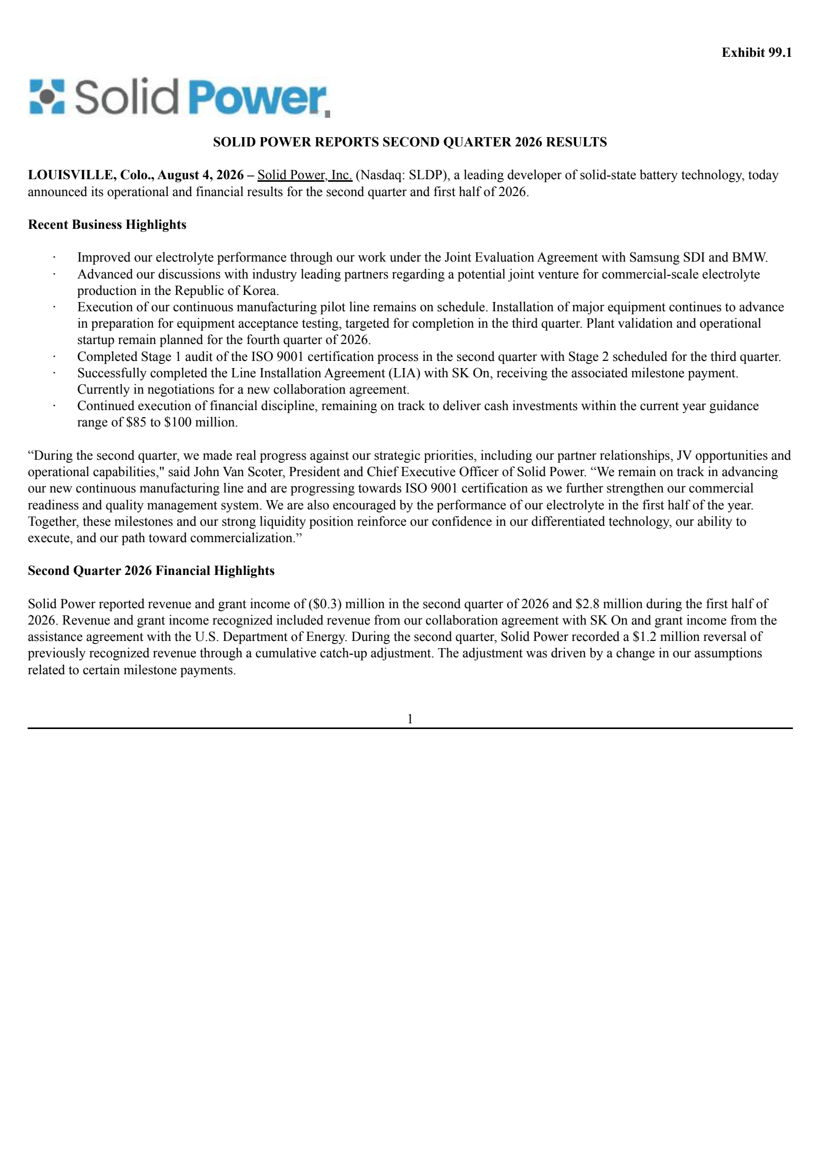 Solid Power's Q2 2026 Press Release