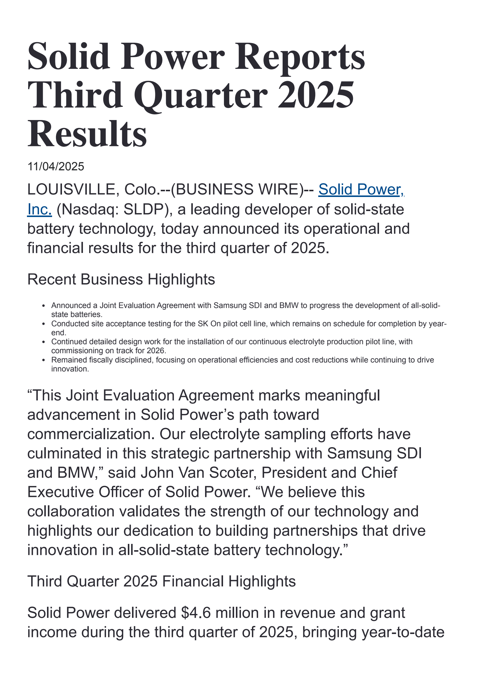 Solid Power's Q3 2025 Earnings Release