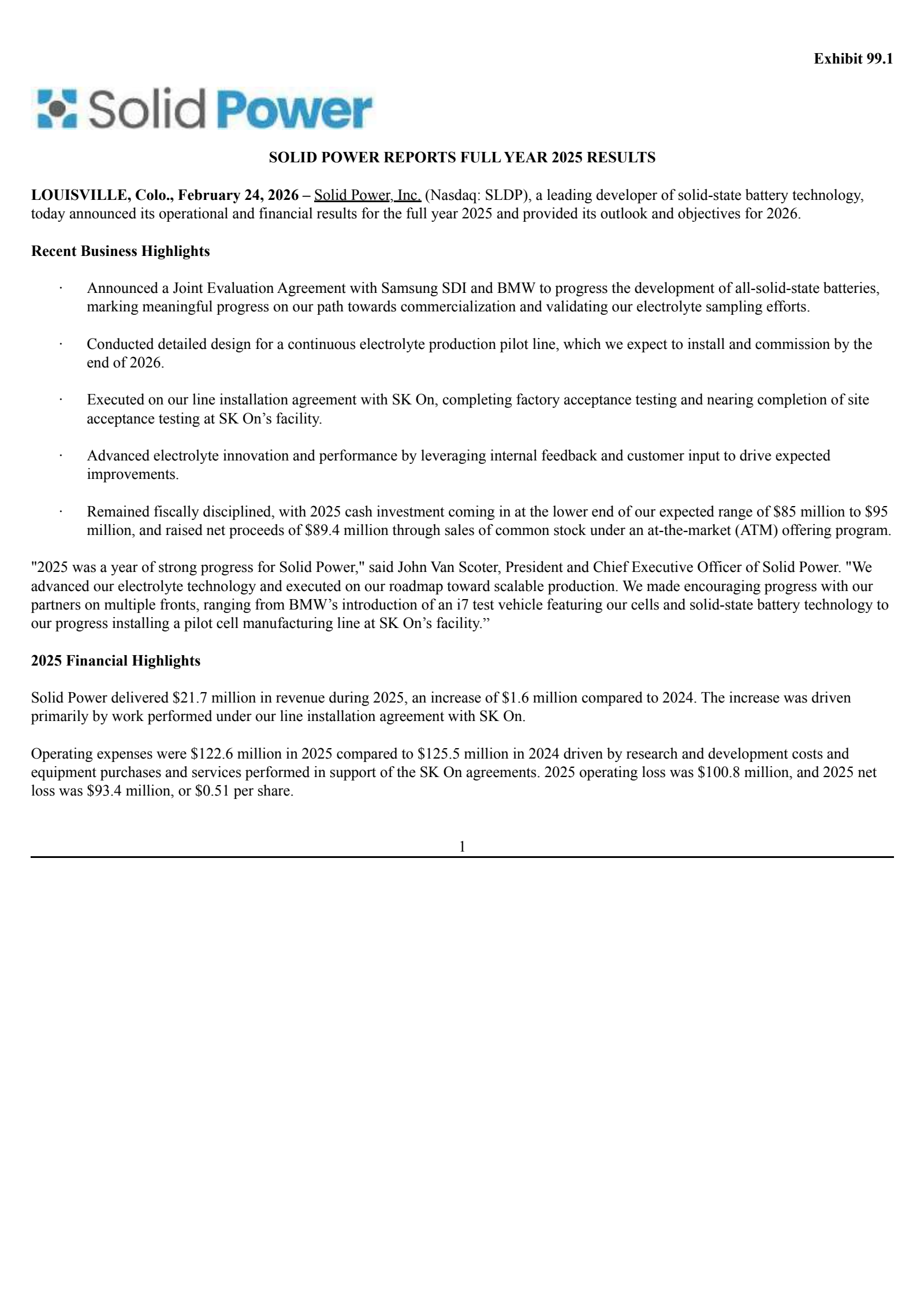 Solid Power's Q4 2025 Press Release