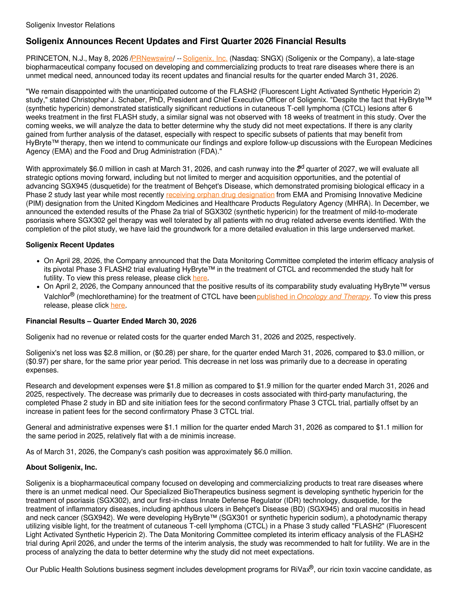 Soligenix's Q1 2026 Press Release