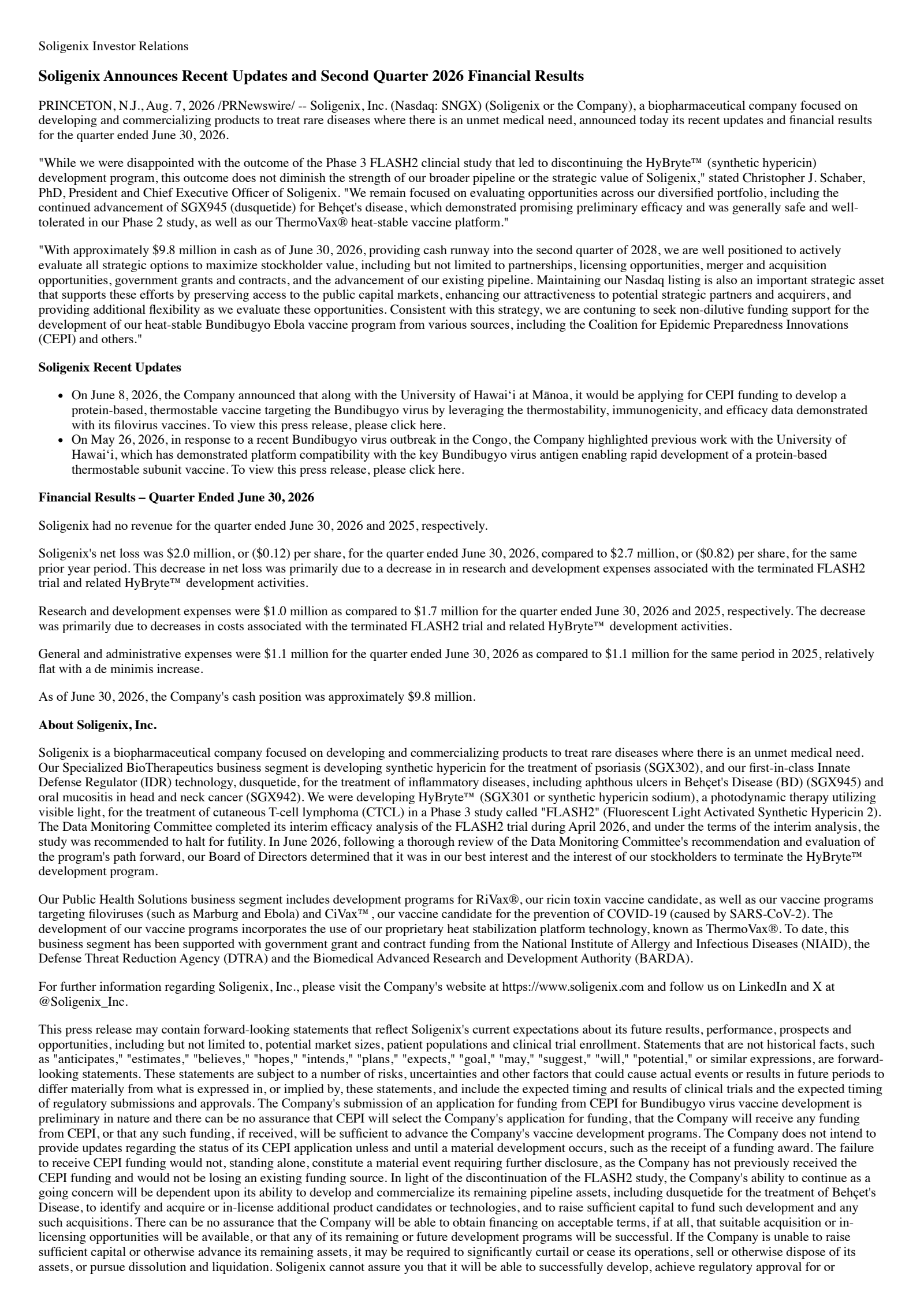 Soligenix's Q2 2026 Press Release