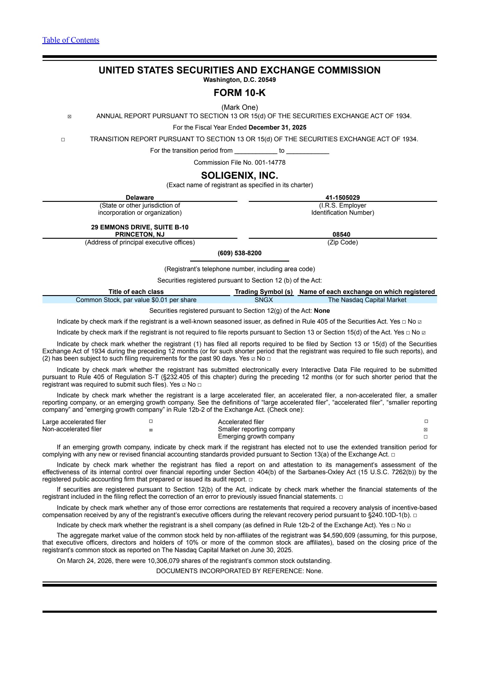 Soligenix's Q4 2025 Annual report