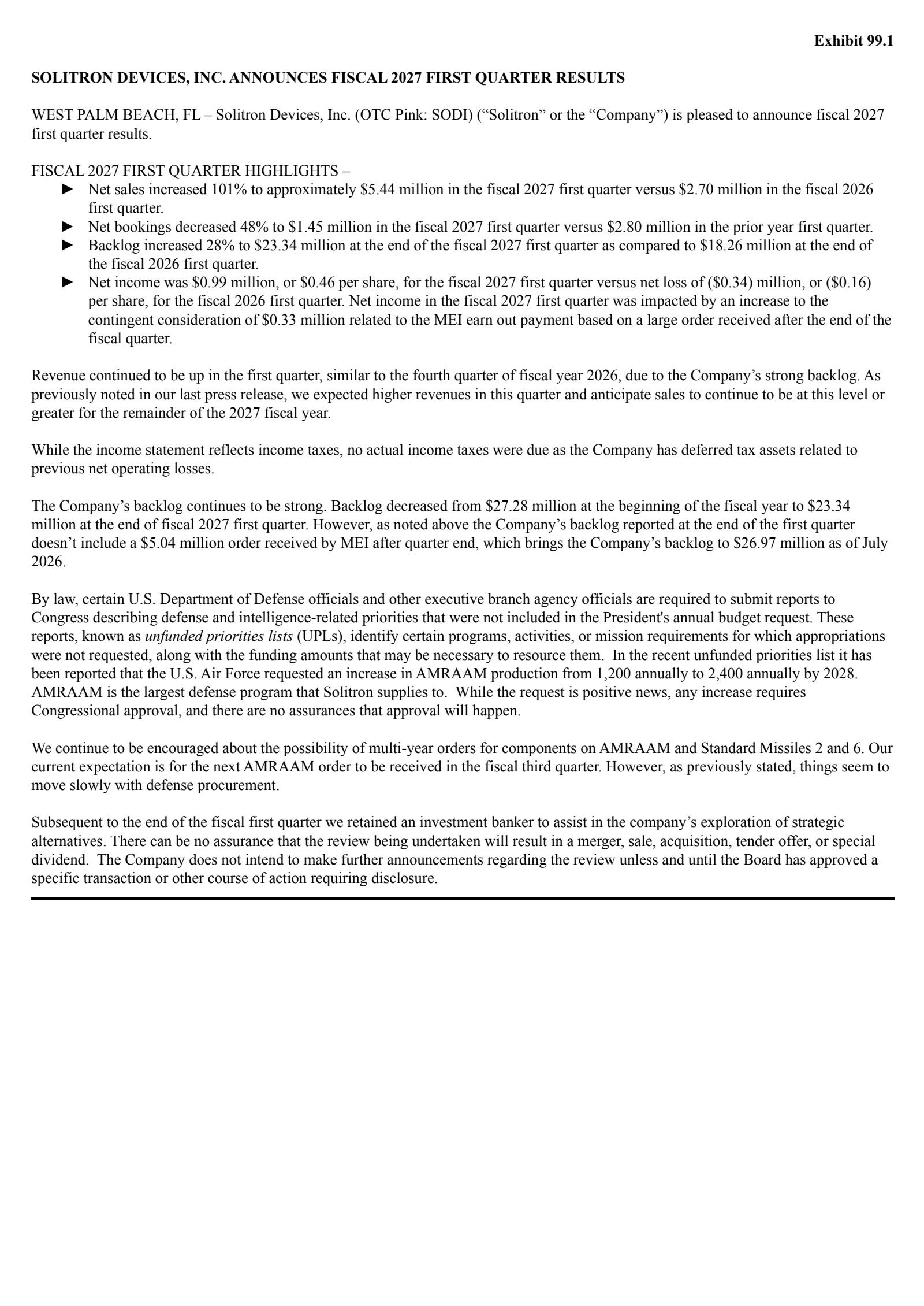 Solitron Devices' Q1 2027 Press Release