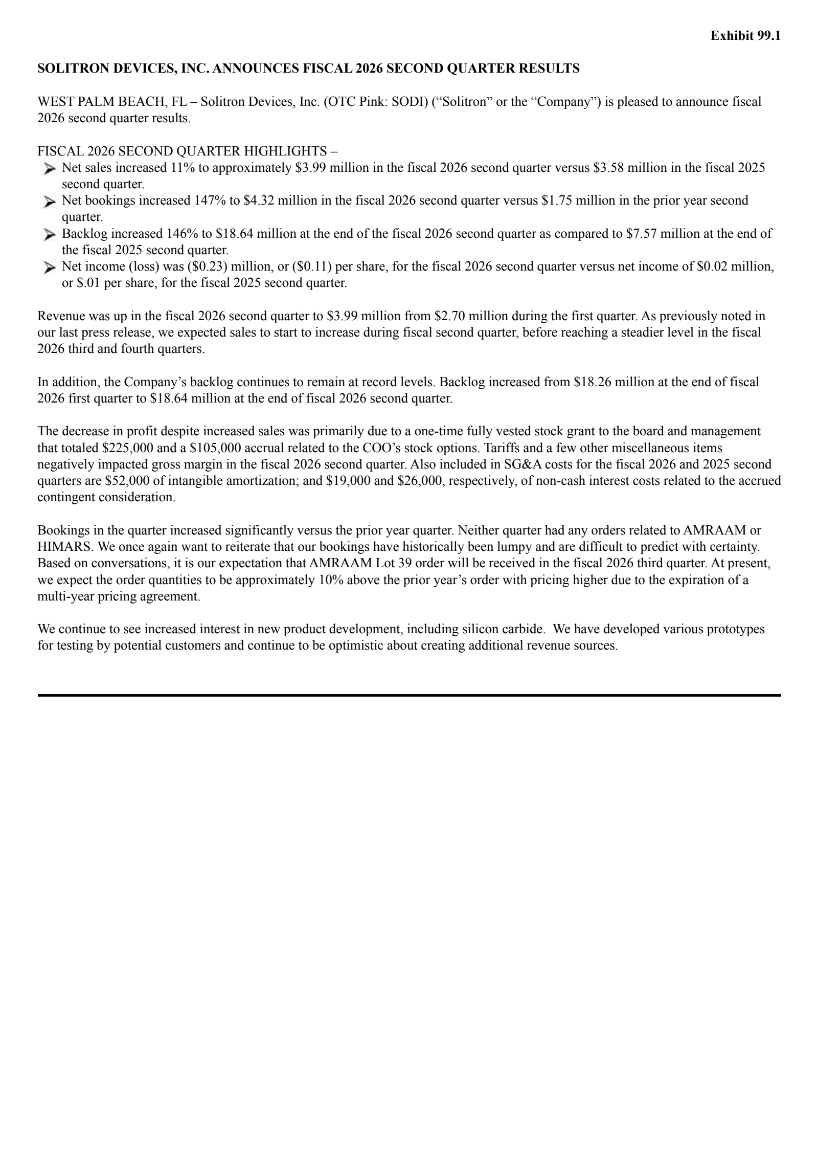 Solitron Devices' Q2 2026 Earnings Release