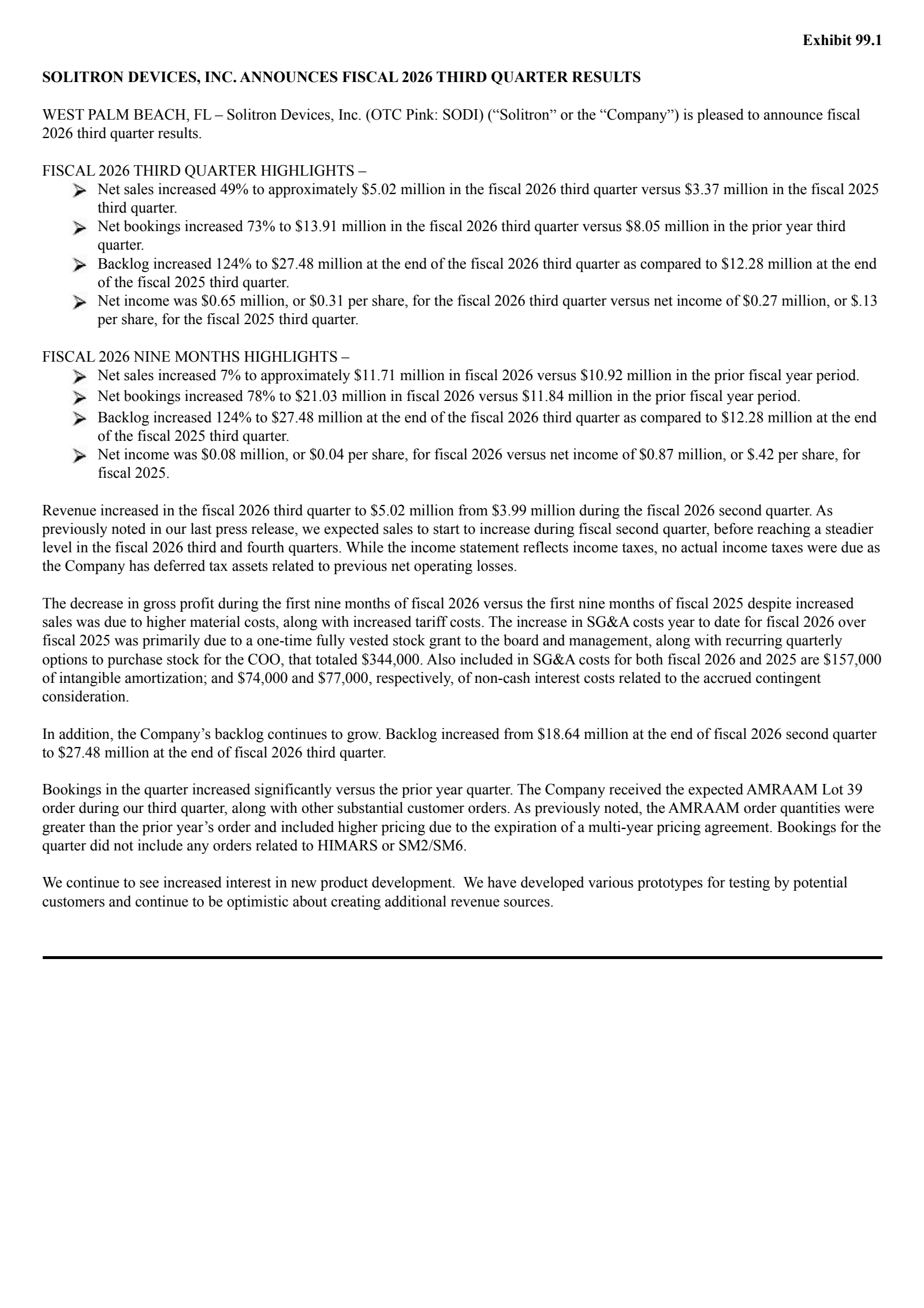 Solitron Devices' Q3 2026 Press Release