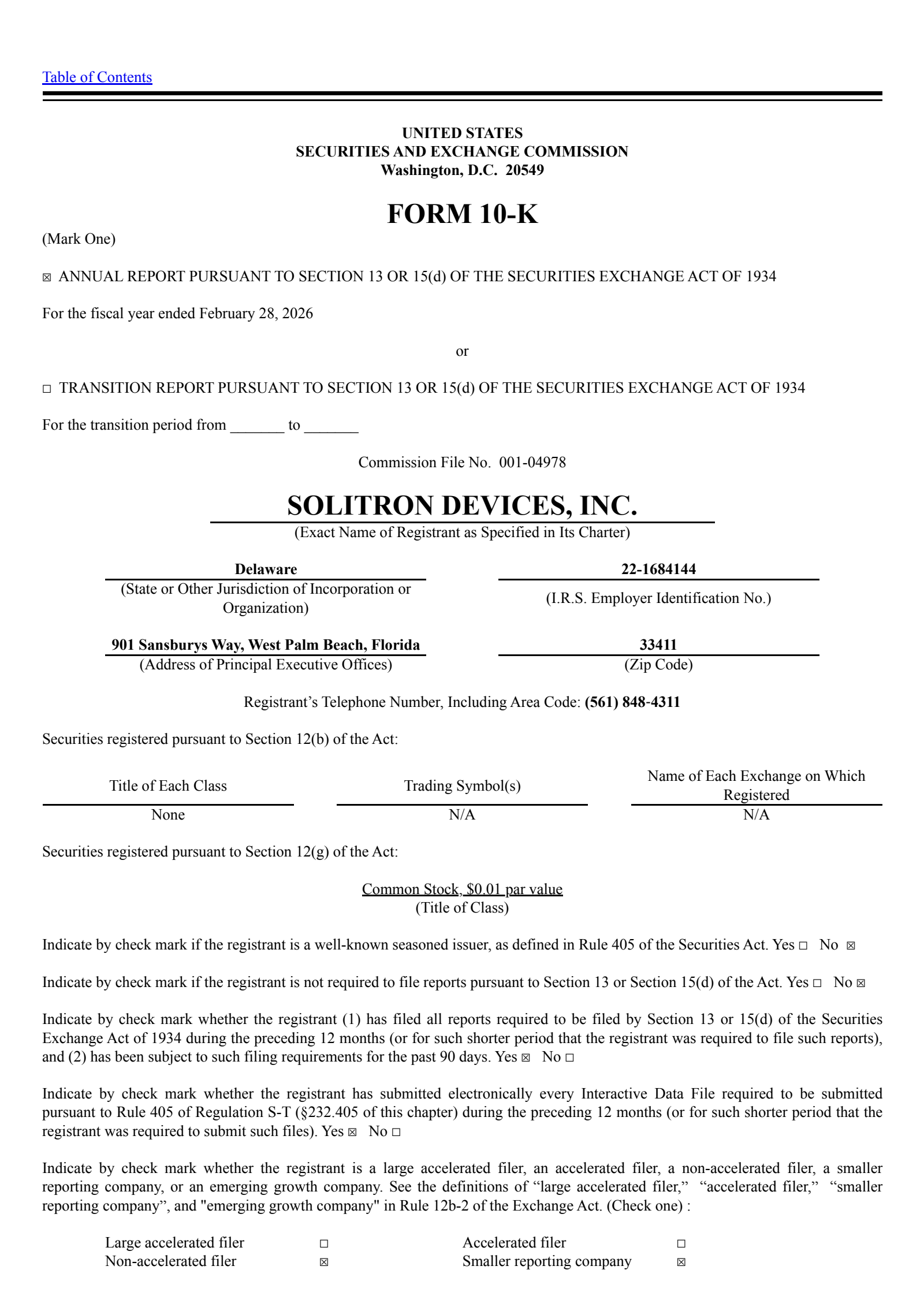 Solitron Devices' Q4 2026 Annual report