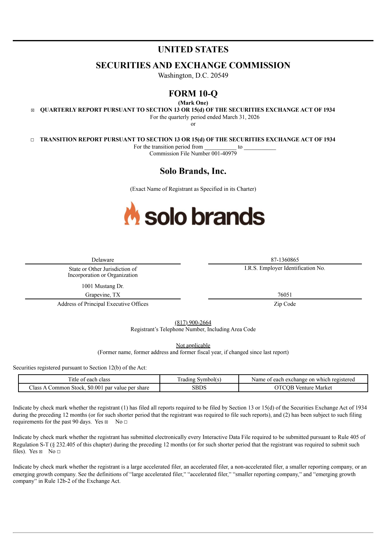 Solo Brands' Q1 2026 Quarterly report