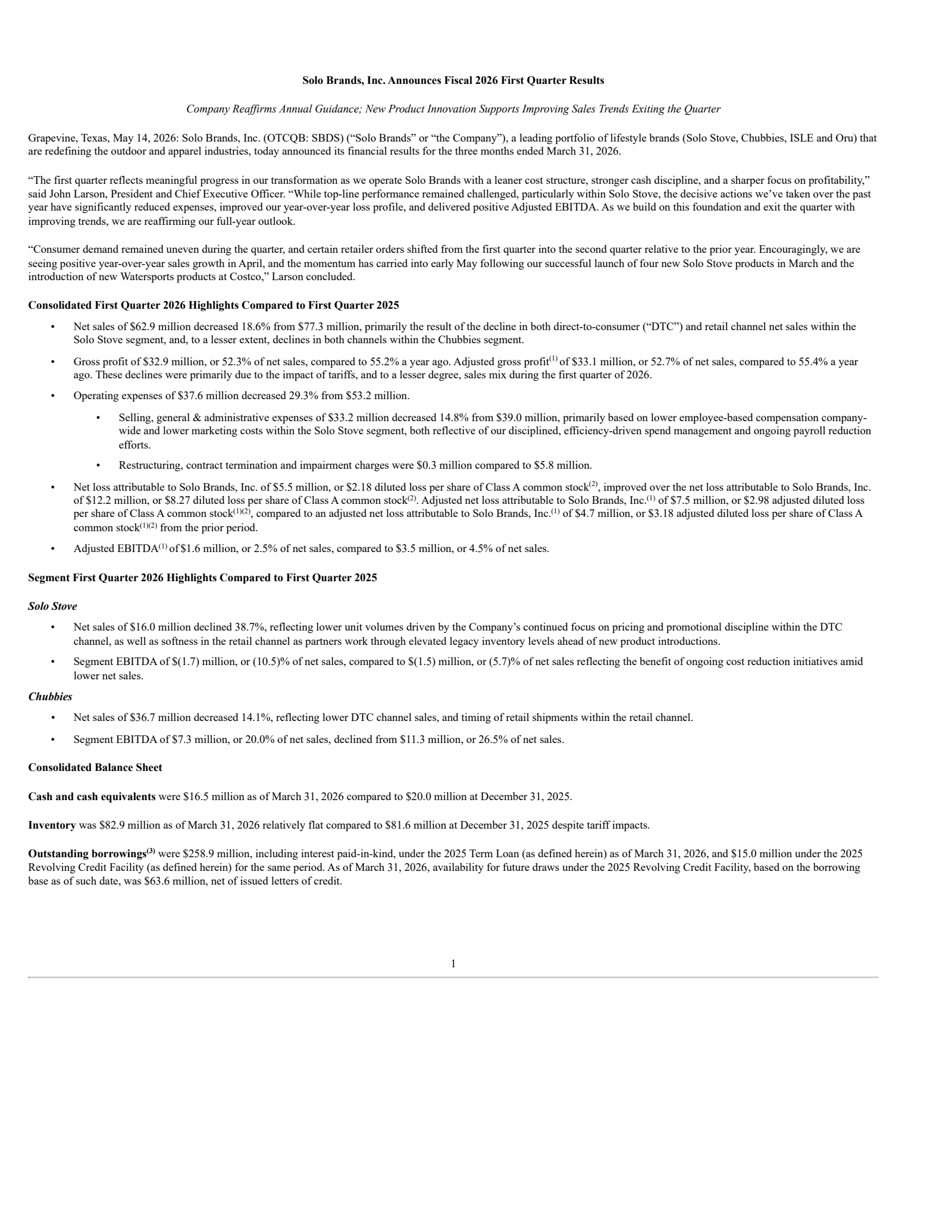 Solo Brands' Q1 2026 Press Release