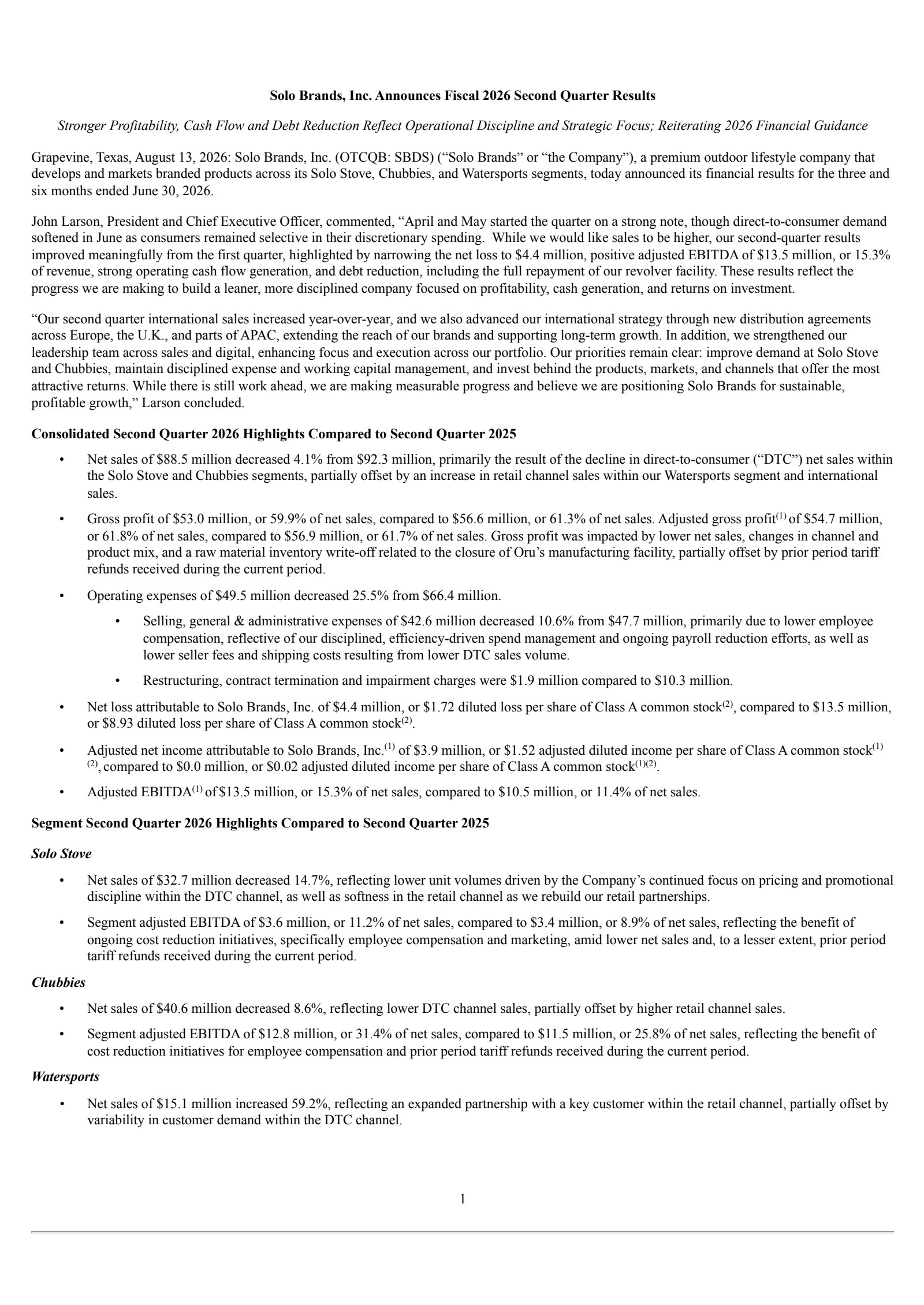 Solo Brands' Q2 2026 Press Release