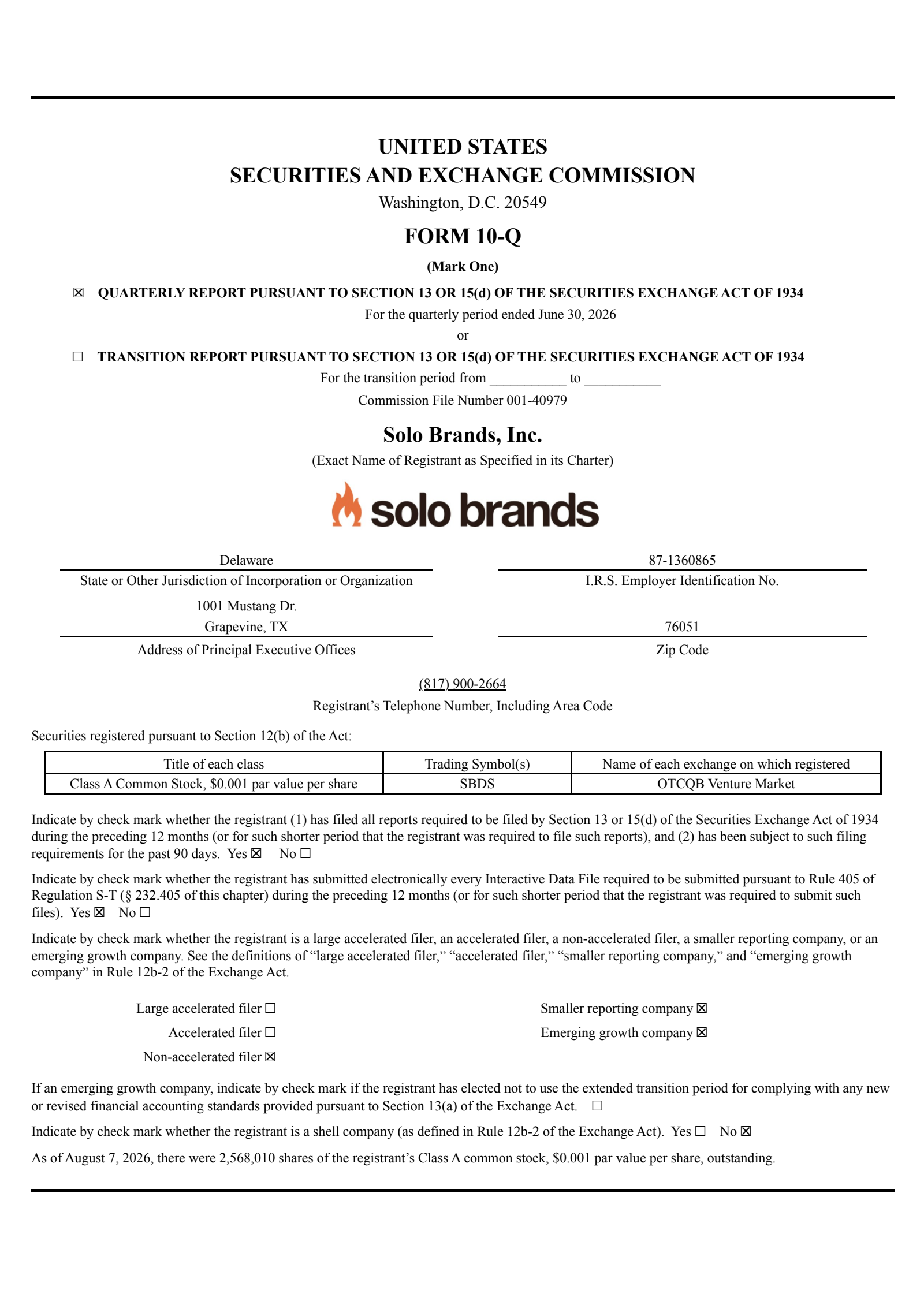 Solo Brands' Q2 2026 Quarterly report