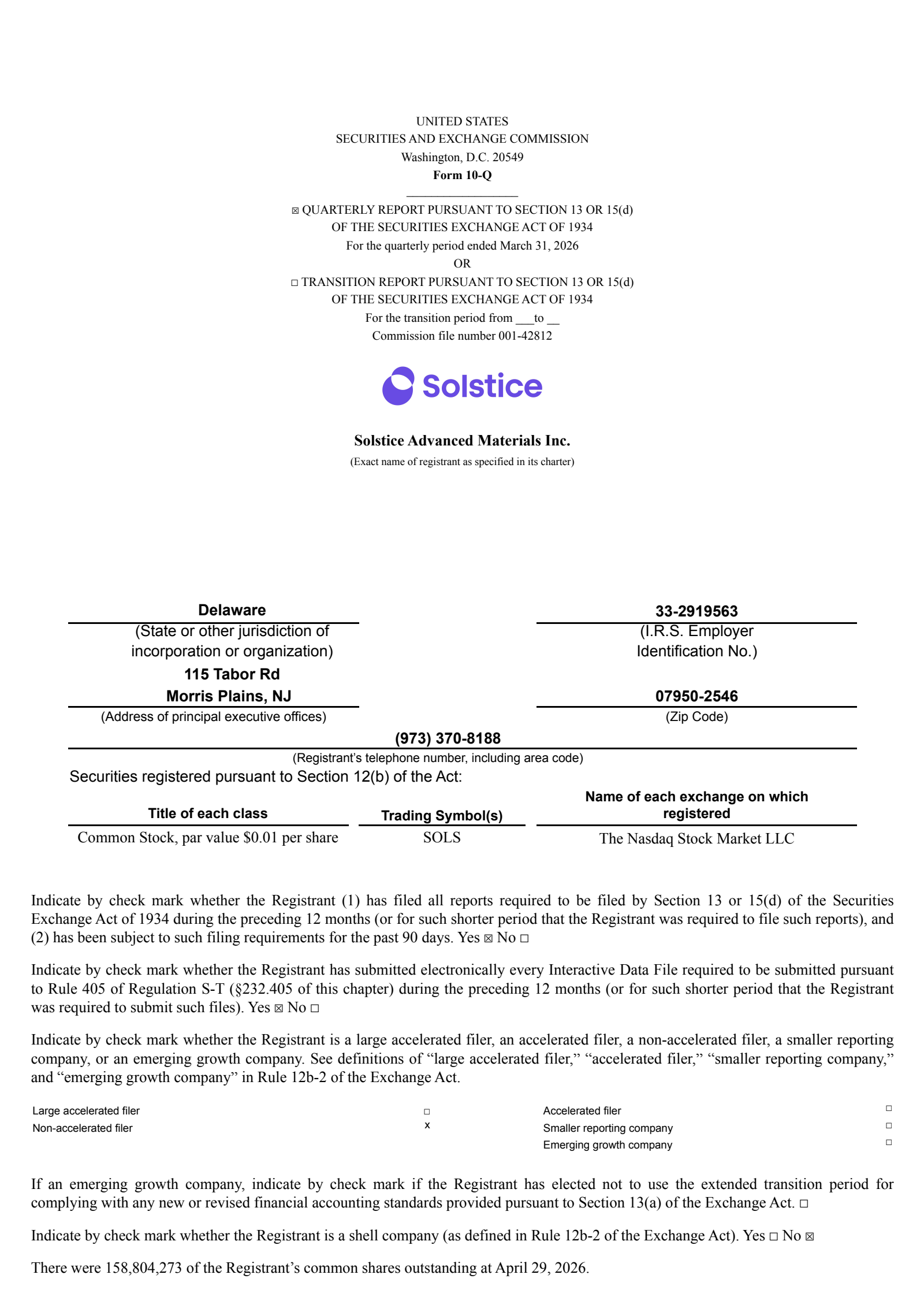 Solstice Advanced Mat's Q1 2026 Quarterly report