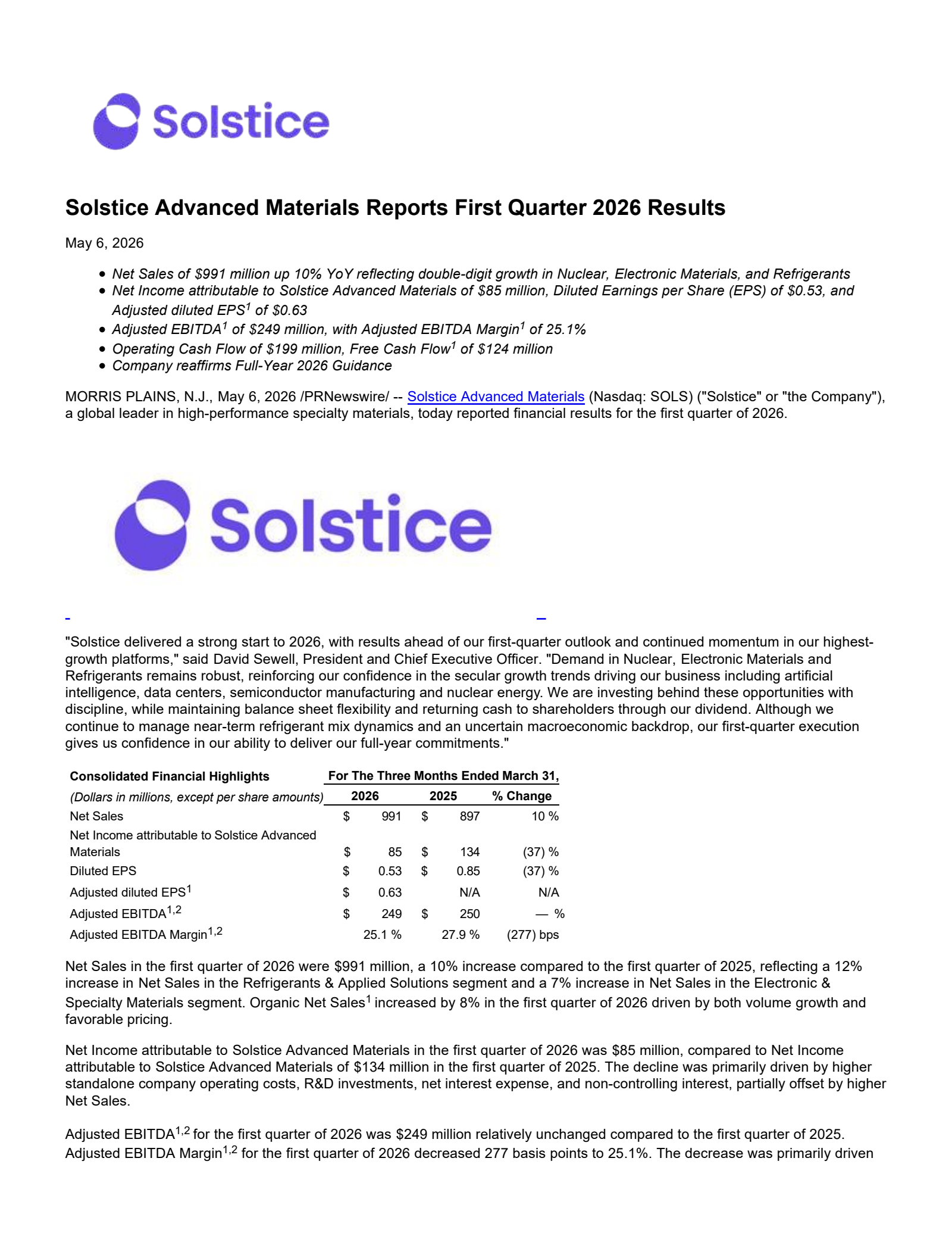 Solstice Advanced Mat's Q1 2026 Press Release