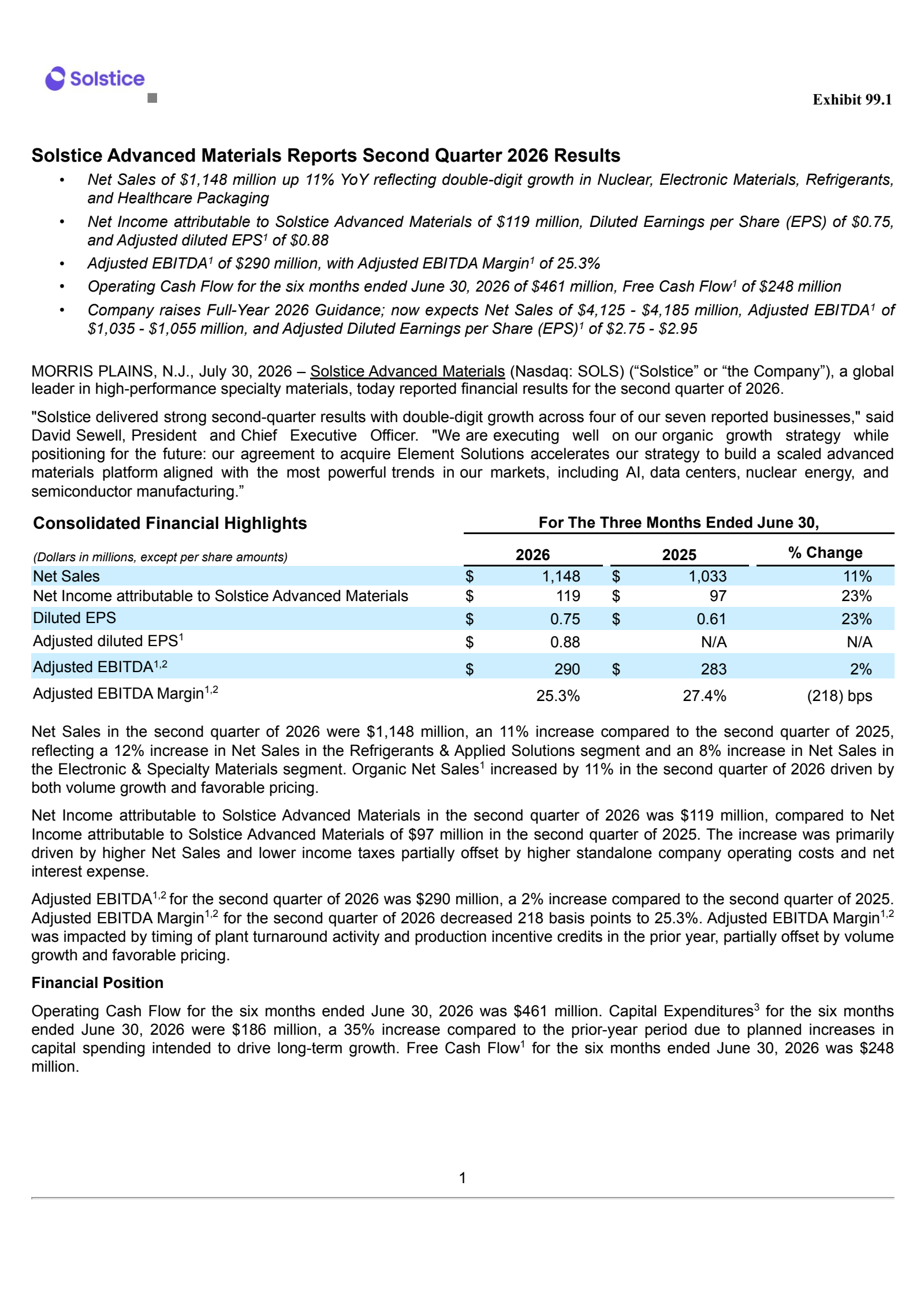 Solstice Advanced Mat's Q2 2026 Press Release