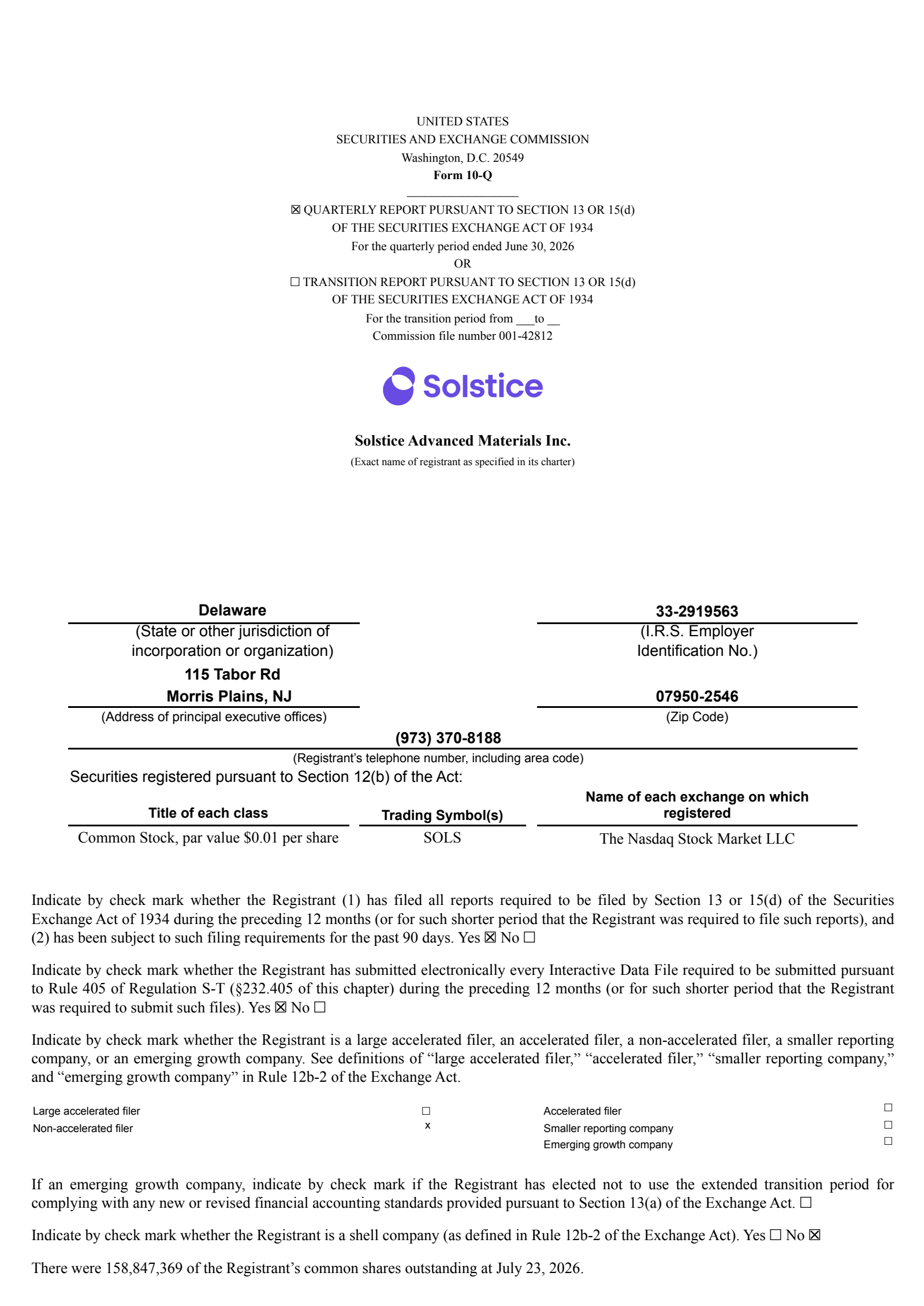Solstice Advanced Mat's Q2 2026 Quarterly report