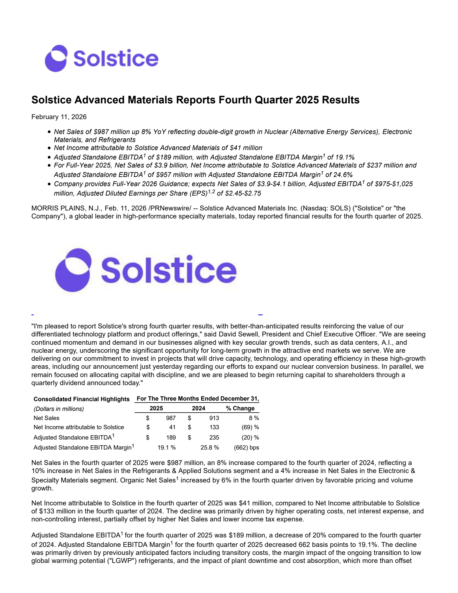 Solstice Advanced Mat's Q4 2025 Press Release