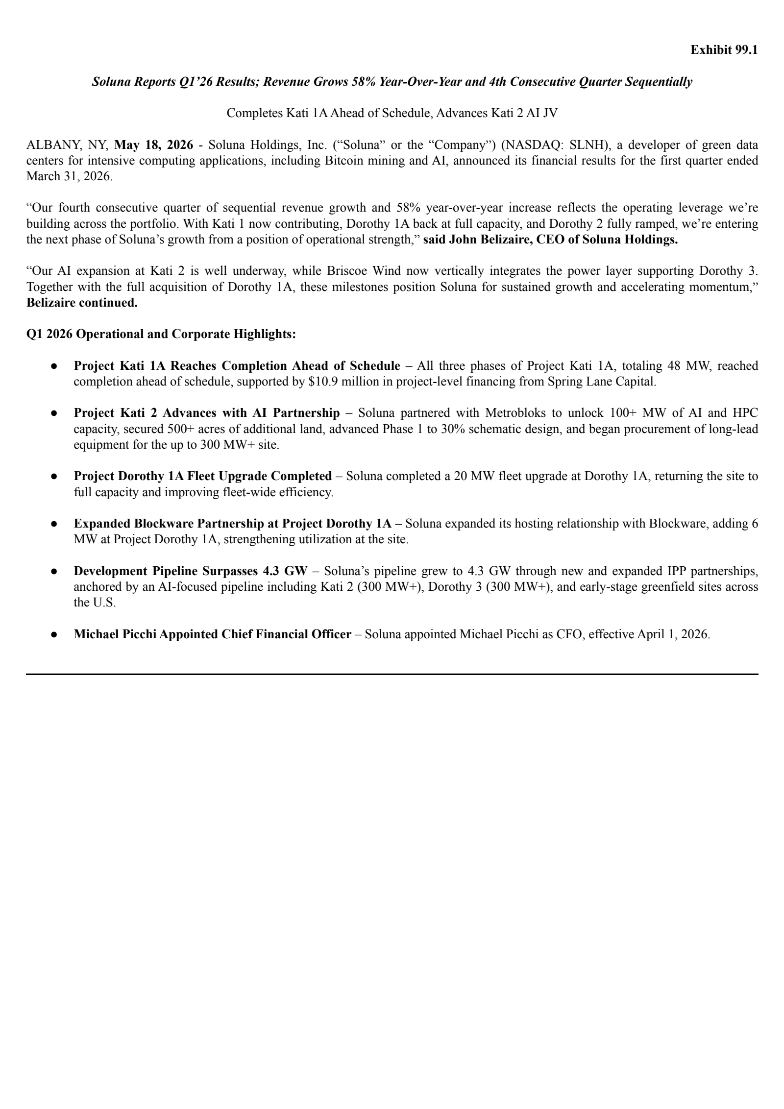 Soluna's Q1 2026 Press Release