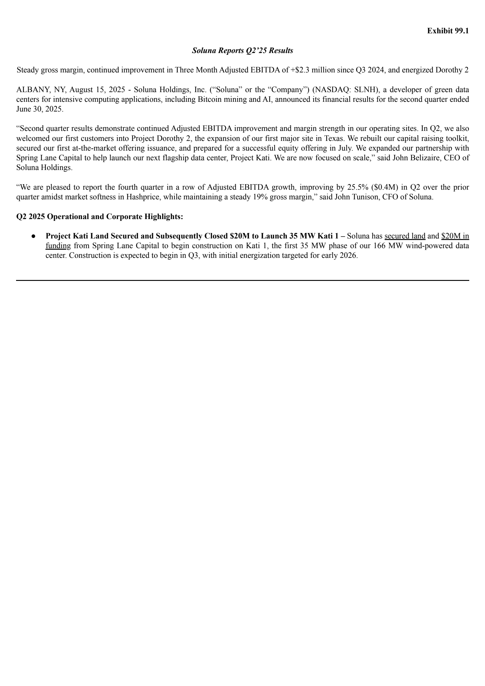 Soluna's Q2 2025 Press Release