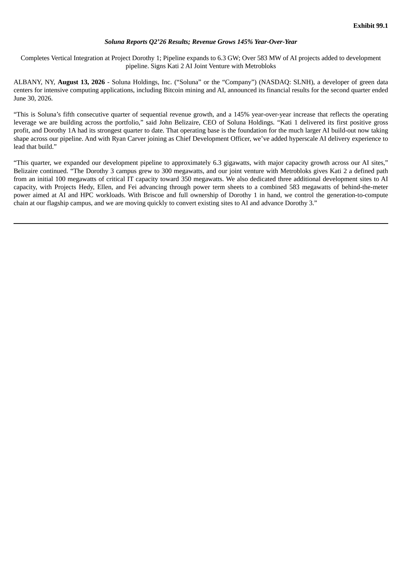 Soluna's Q2 2026 Press Release