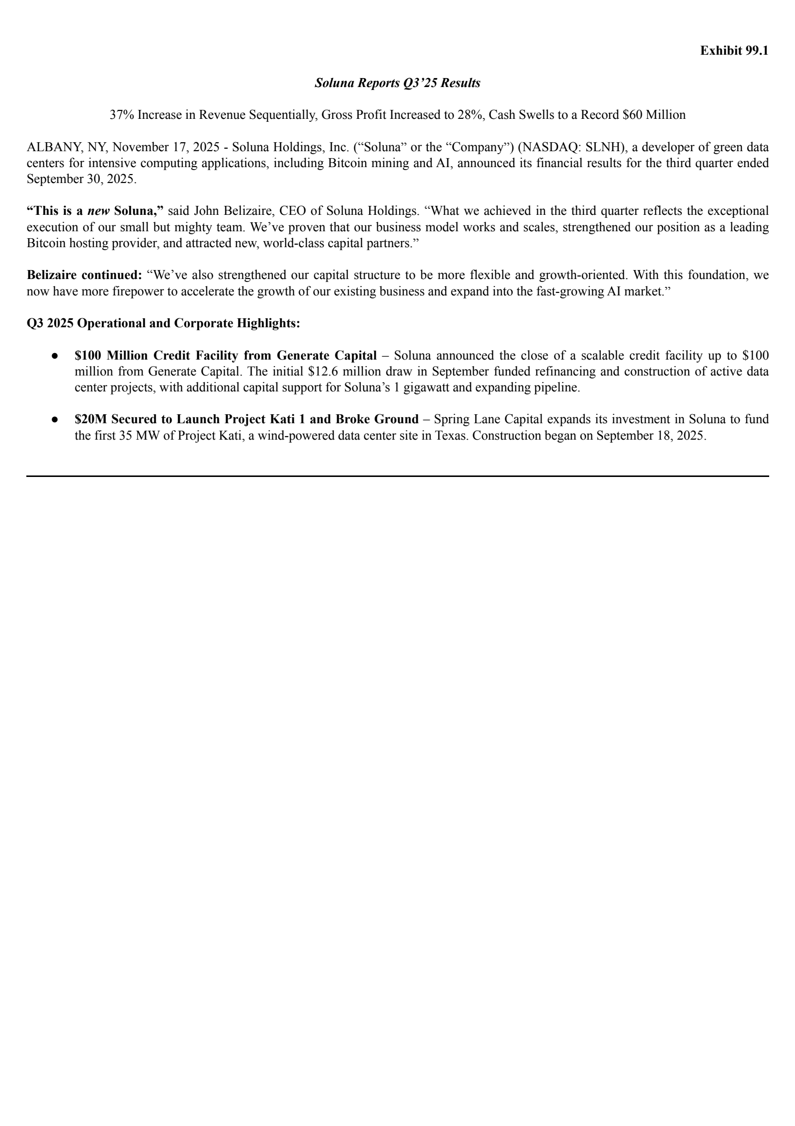 Soluna's Q3 2025 Earnings Release