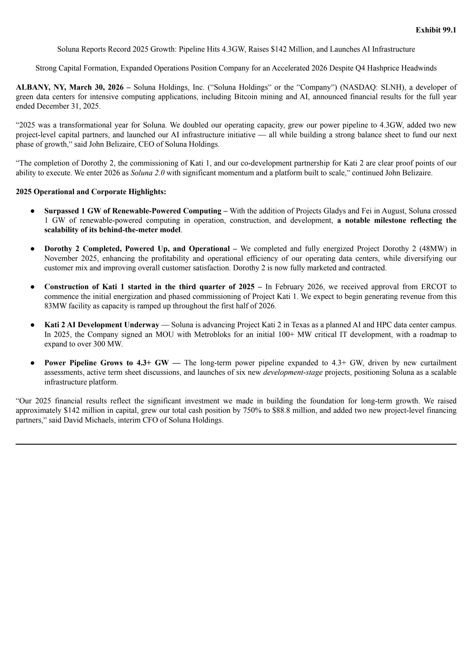 Soluna's Q4 2025 Press Release
