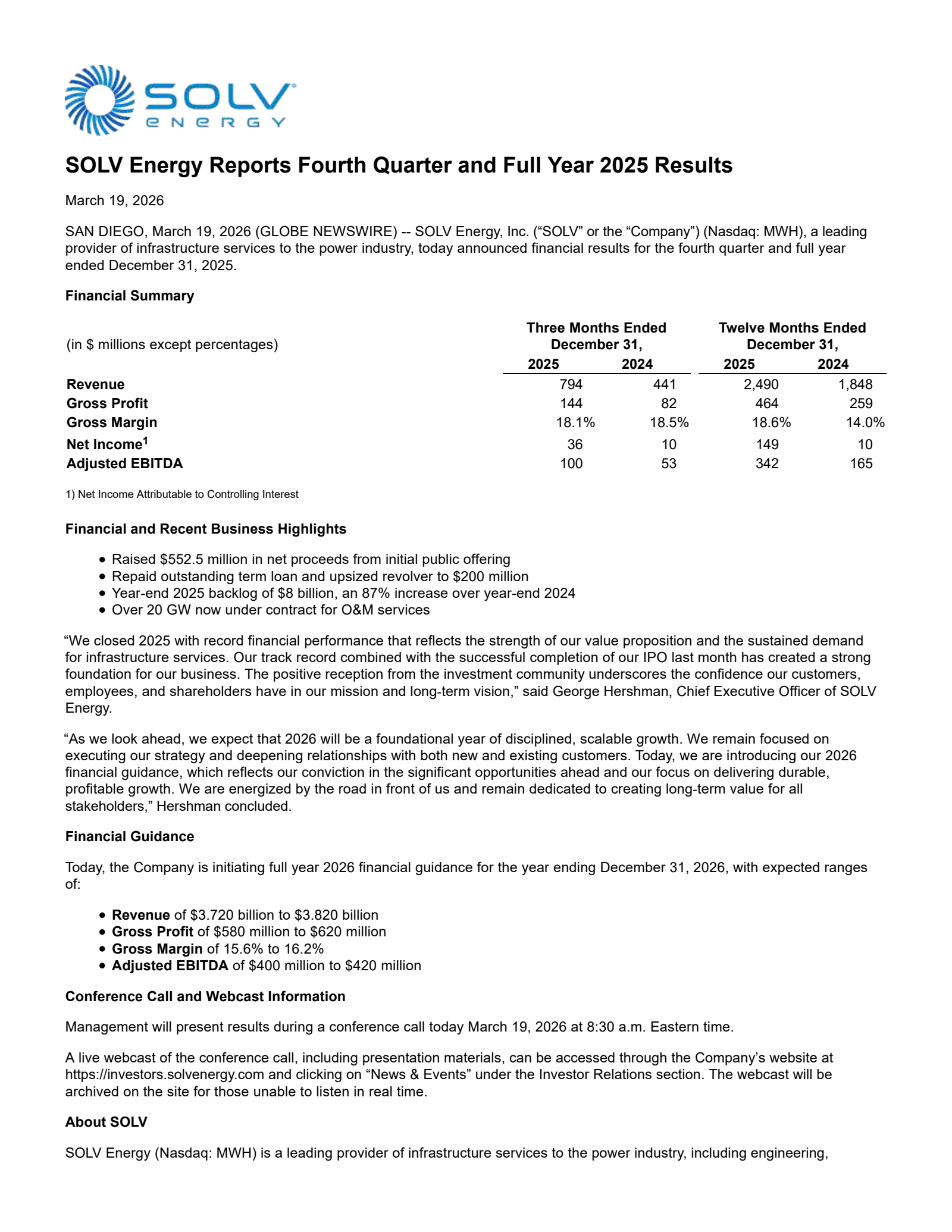SOLV Energy's Q4 2025 Press Release