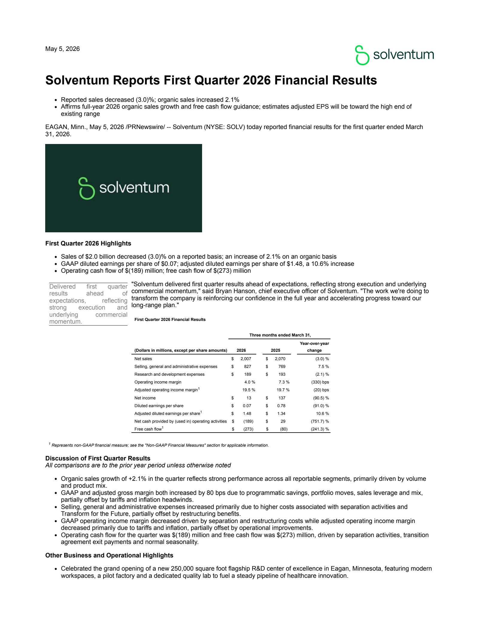 Solventum's Q1 2026 Press Release