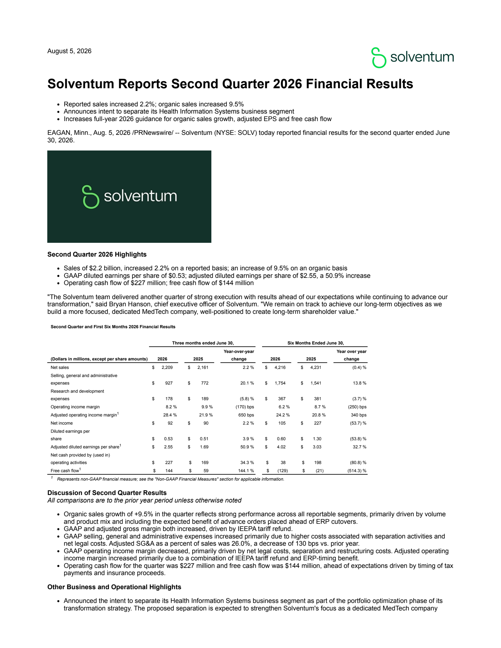 Solventum's Q2 2026 Press Release