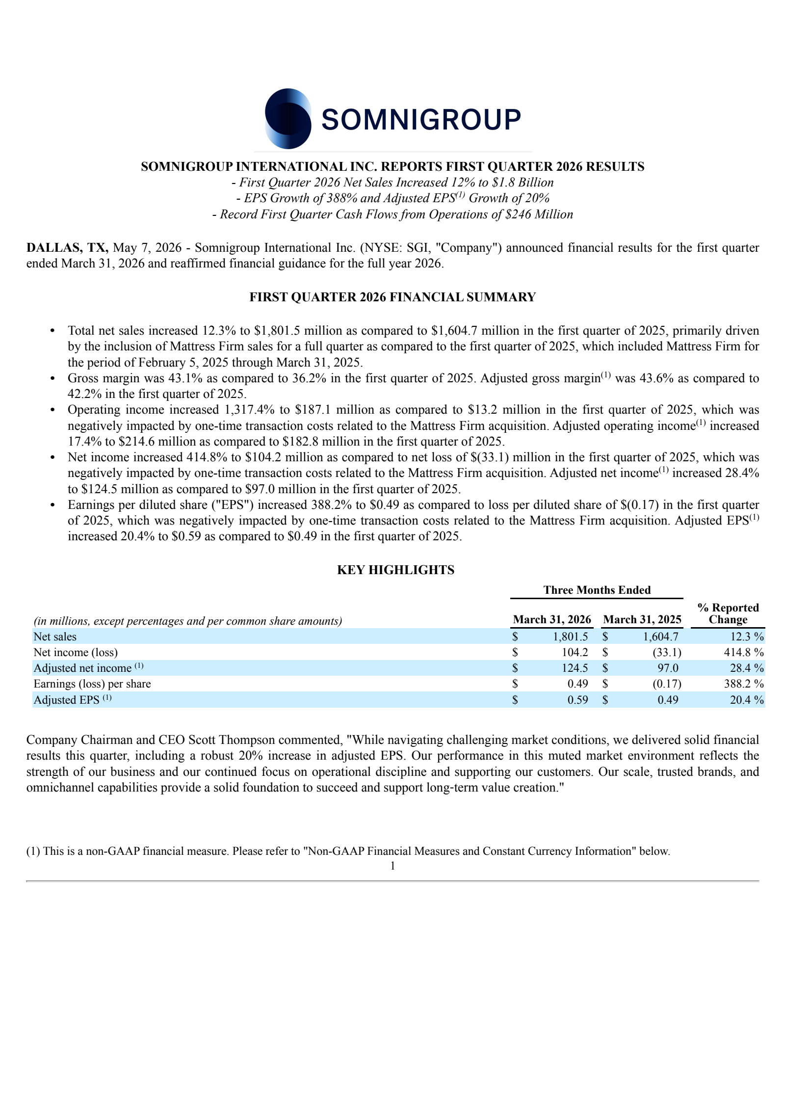Somnigroup International's Q1 2026 Press Release