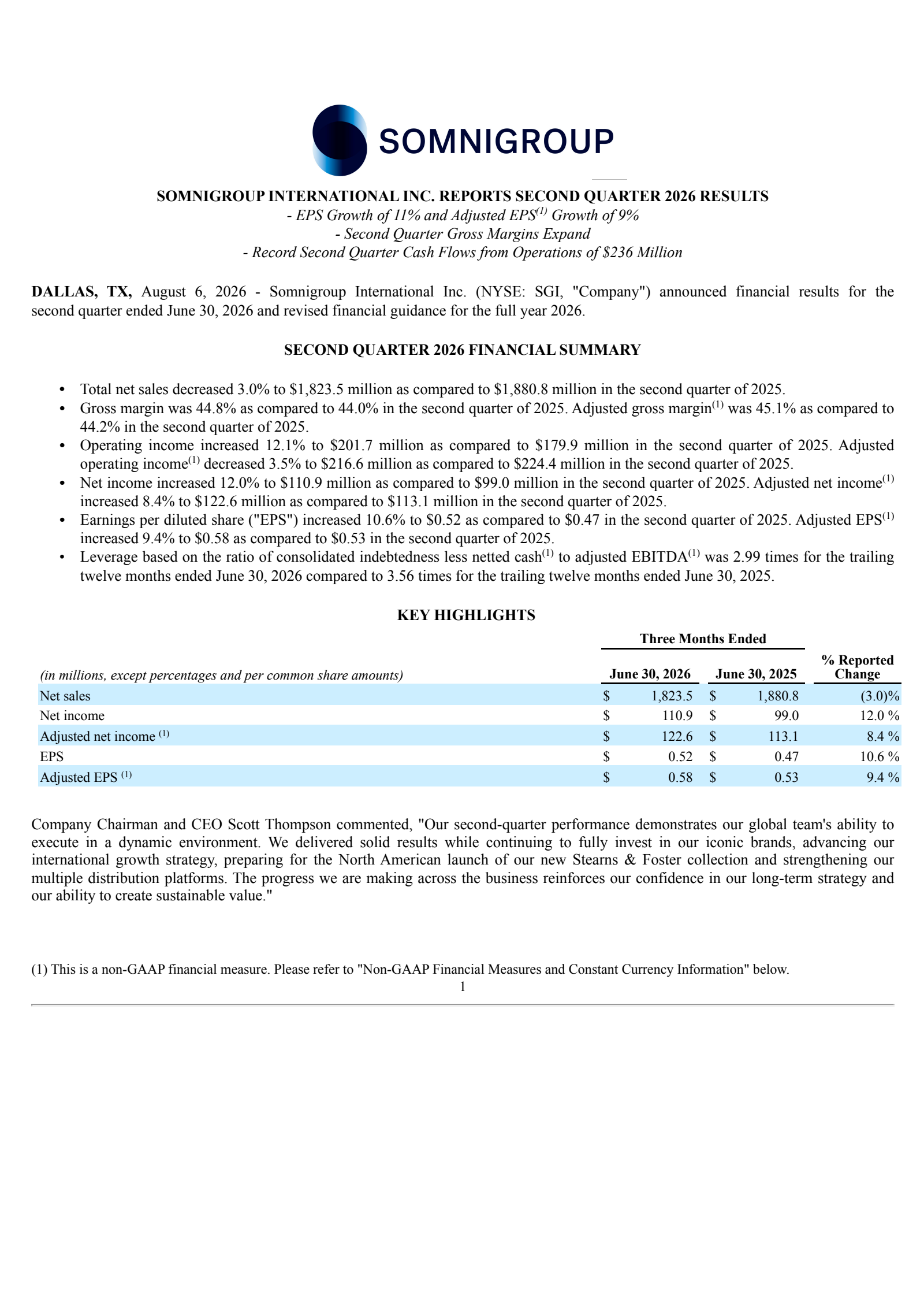 Somnigroup International's Q2 2026 Press Release