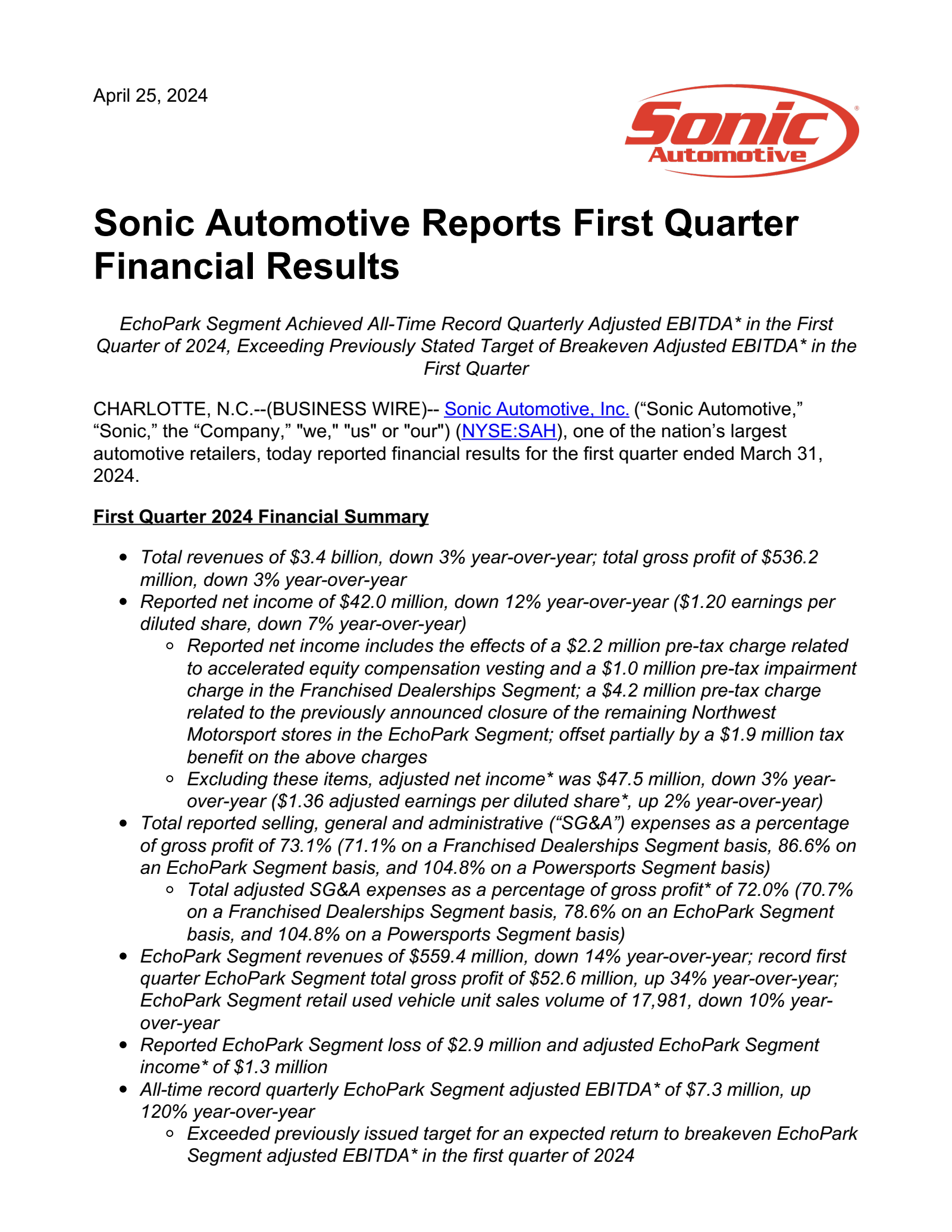 Sonic Automotive's Q1 2024 Press Release