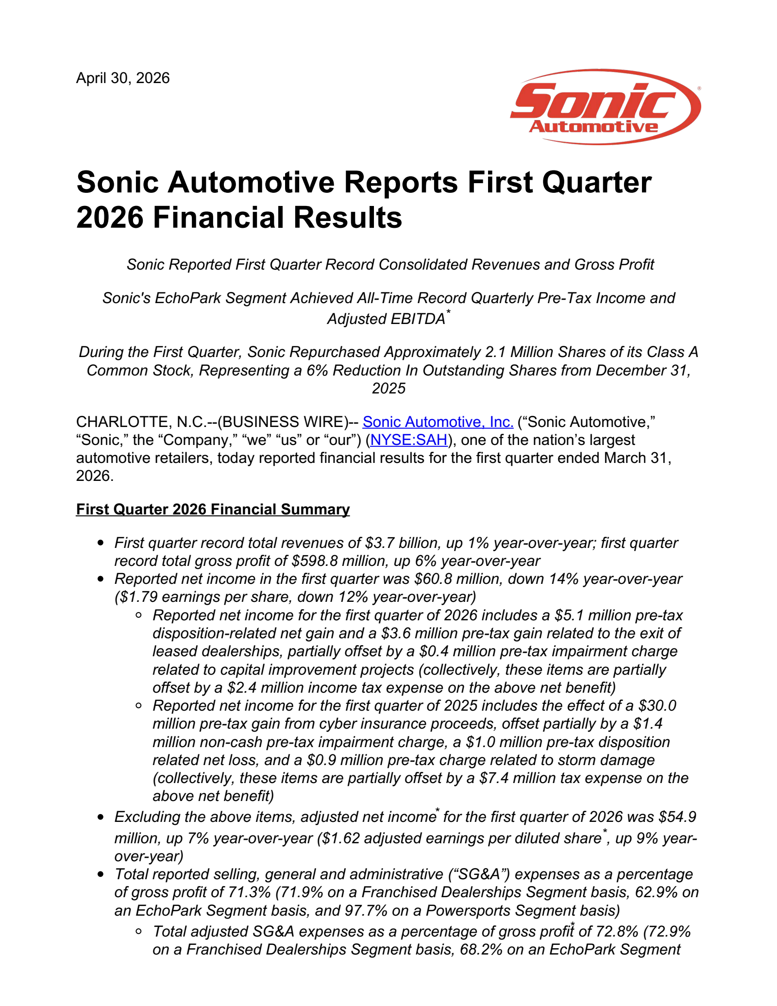 Sonic Automotive's Q1 2026 Press Release