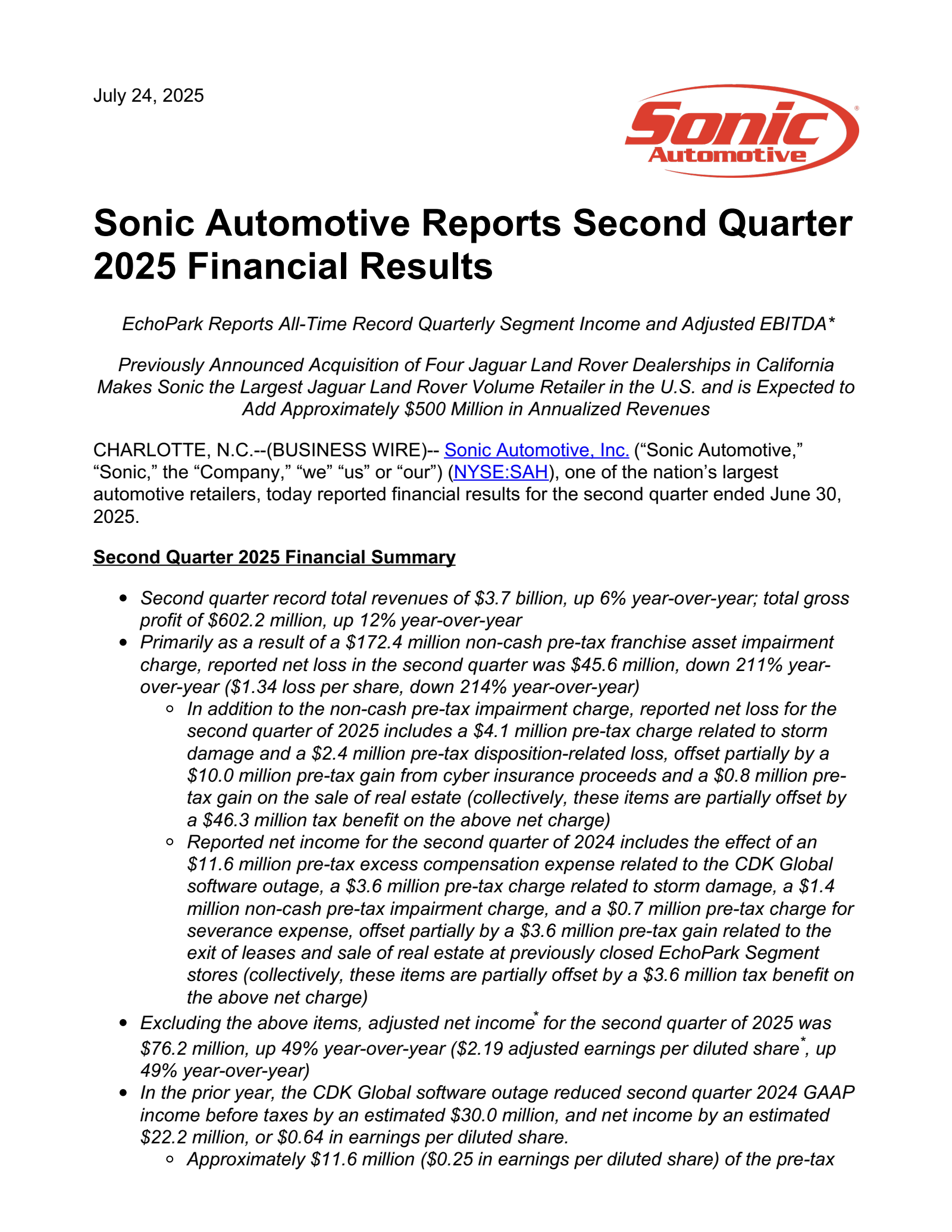 Sonic Automotive's Q2 2025 Press Release