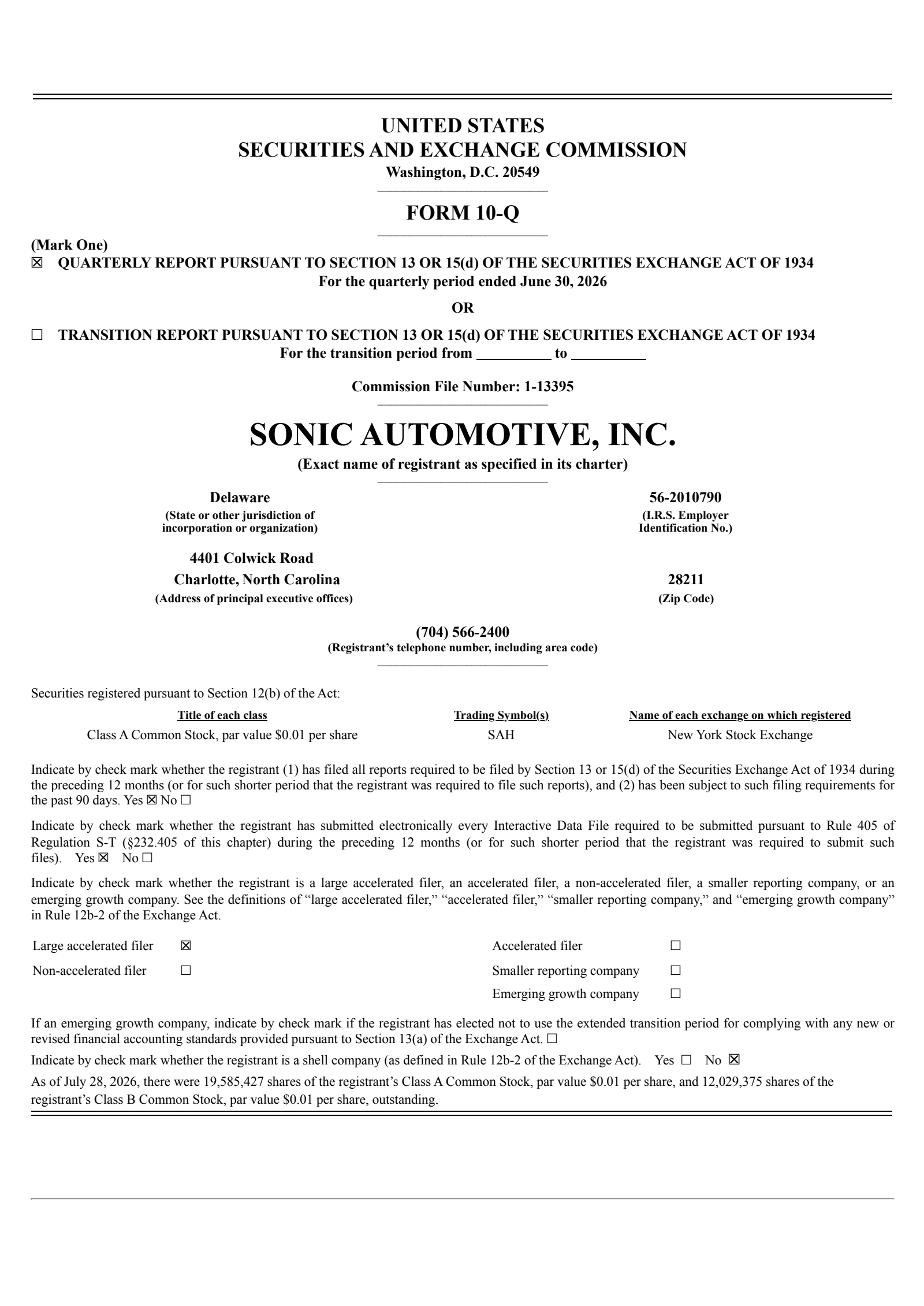 Sonic Automotive's Q2 2026 Quarterly report