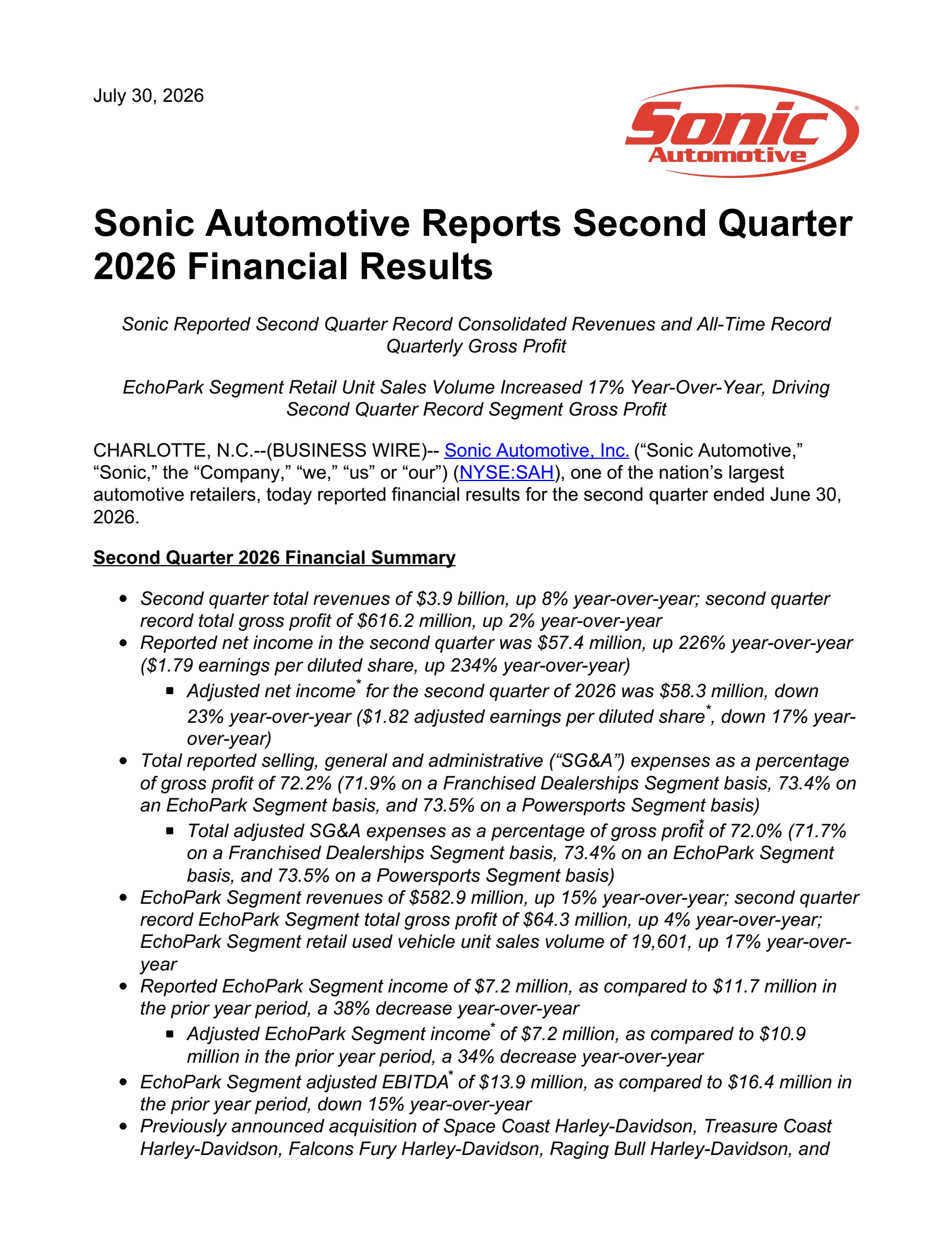 Sonic Automotive's Q2 2026 Press Release